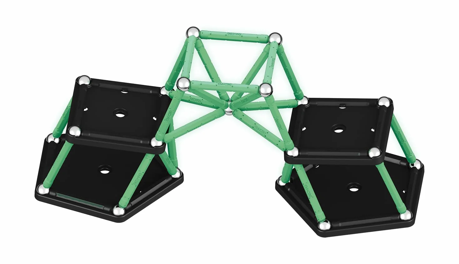 Geomag, Glow Recycled, Costruzioni Magnetiche Effetto Glow, Barrette Magnetiche che si Illuminano al Buio, Confezione da 60 Pezzi, Plastica 100% Riciclata