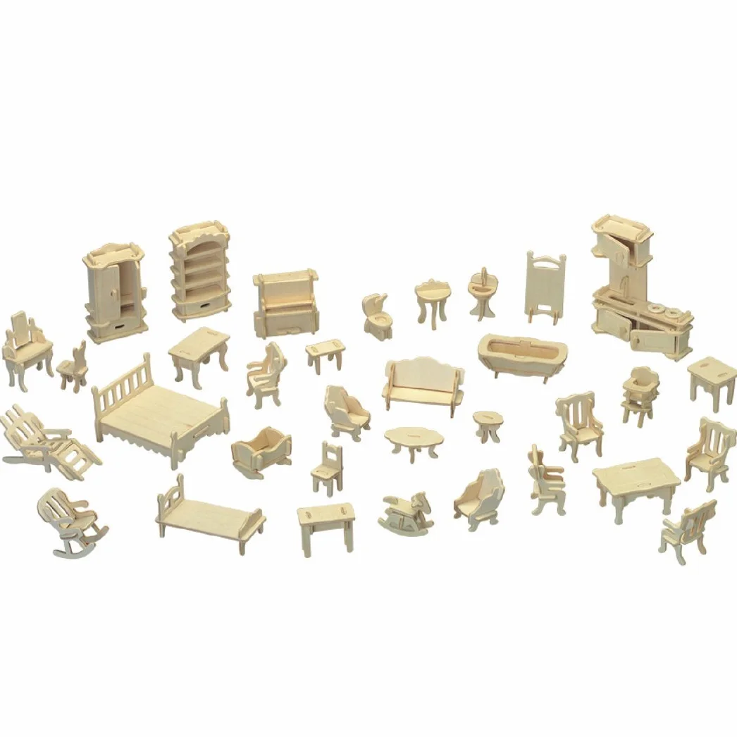 Cuteroom Mobili per casa delle bambole in legno - 34 pezzi - adatti per casa delle bambole, marrone chiaro