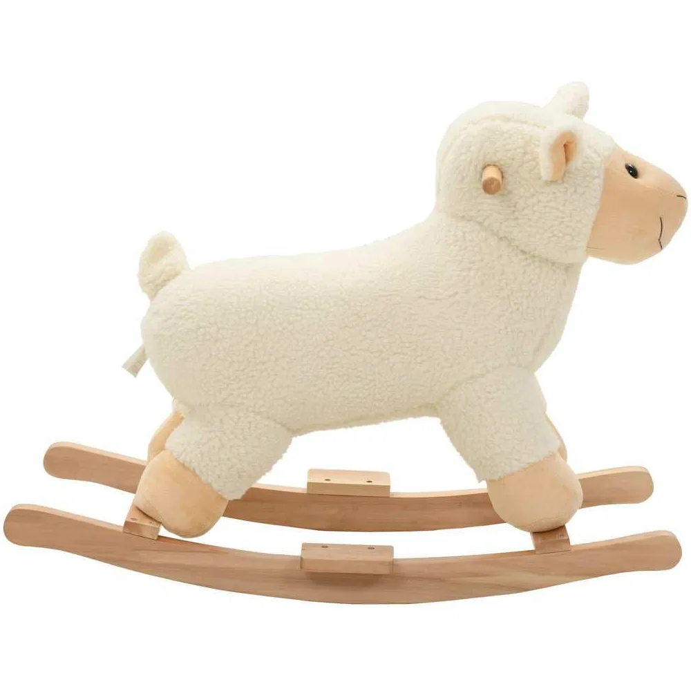 Pecora a dondolo con base in legno e morbido rivestimento in peluche, cavallo a dondolo per bambini da 12 a 36 mesi, 78 x 34 x 58 cm