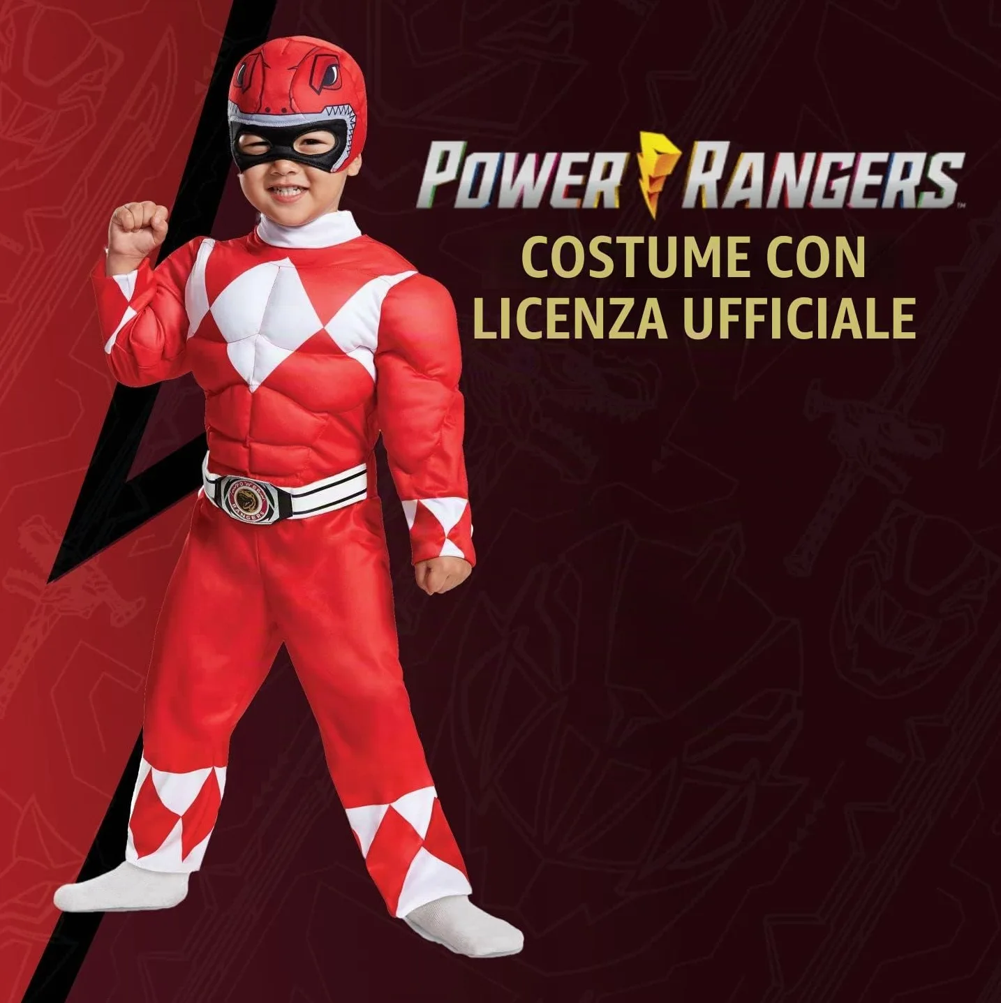 Disguise Costume Power Ranger Rosso Bambini, Vestito Muscoloso Carnevale Power Ranger, Costumi Di Carnevale Per Bambini Taglia XS (3-4 anni)