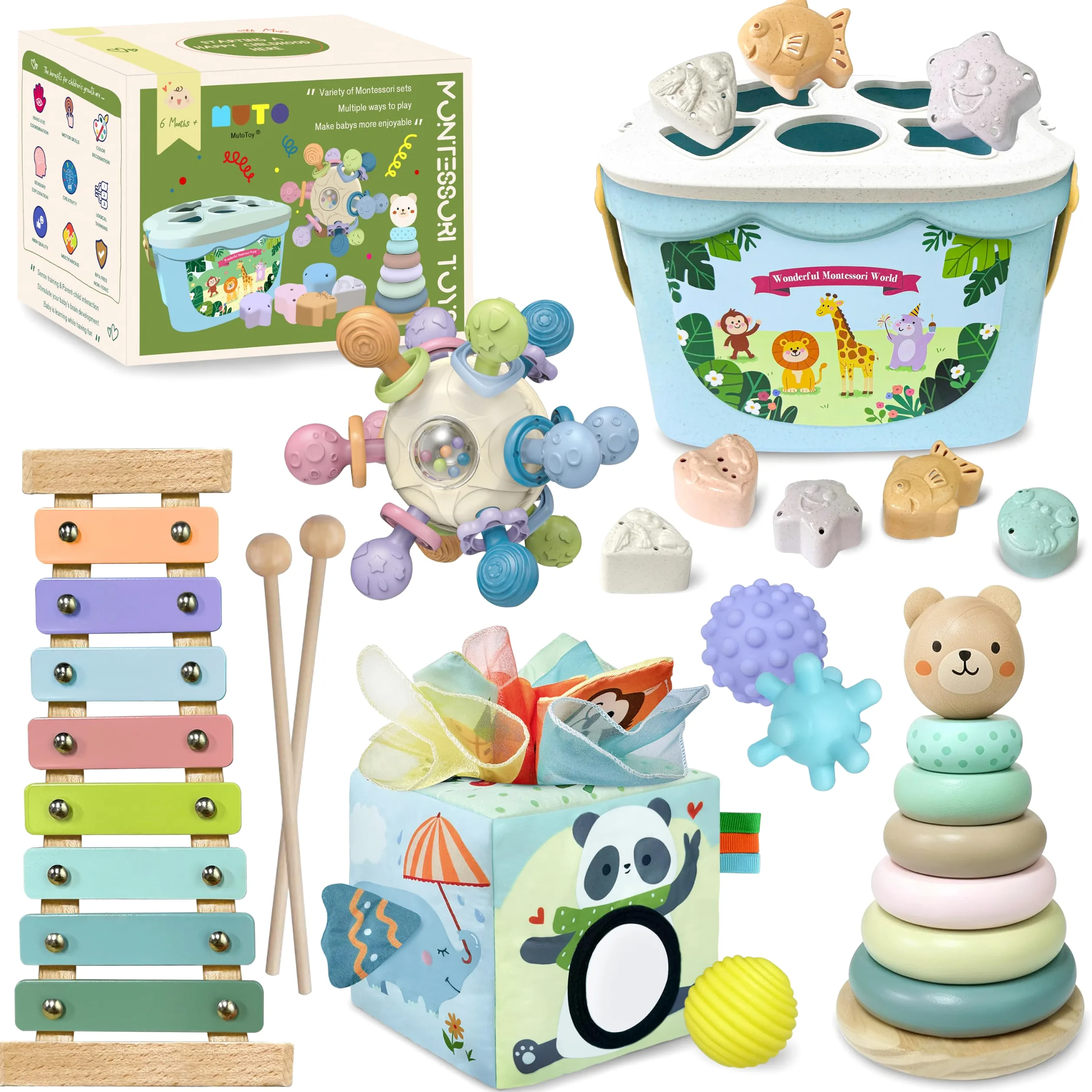 Montessori - Giocattolo per bambini 6 mesi, 6 in 1, giocattolo Montessori per bambini dai 6, 9 e 12 mesi, con scatola per fazzoletti, xilofono, anelli impilabili in legno, giocattolo in