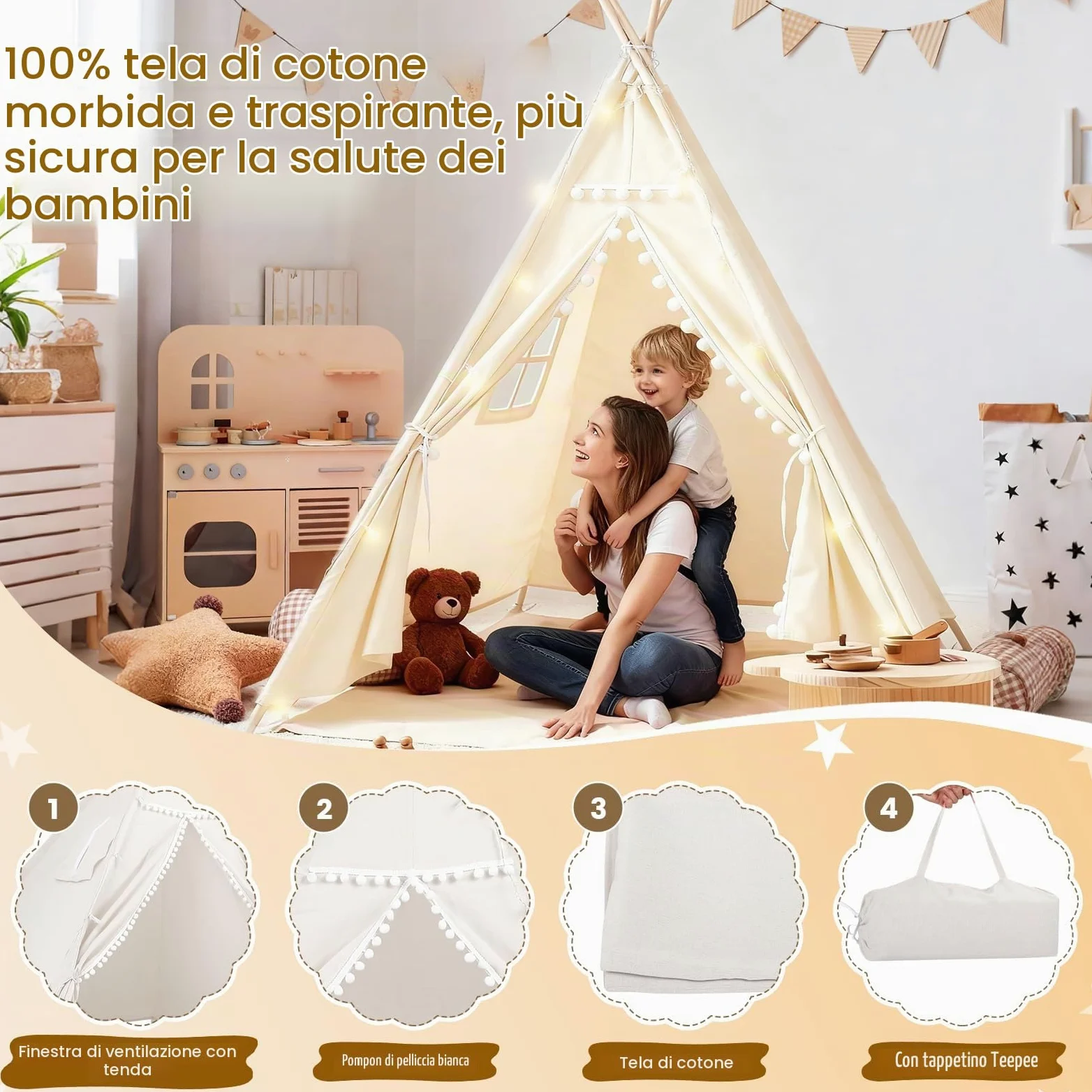 Tenda per Bambini, 120x140 cm Tenda Indiana Bambini per Cameretta, Castello Giochi per Bambini in Tela,Tenda Indiano con Lucine e Borsa Portaoggetti per Uso Interno o Esterno