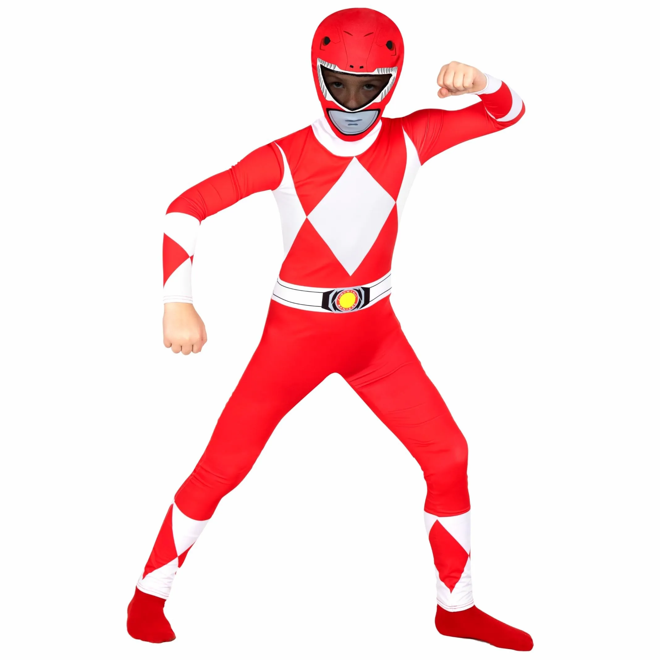 Morphsuits Costume Power Rangers Rosso Bambini, Costume Halloween | Tuta Integrale con Cappuccio, Design Ranger Rosso, Chiusura con Zip, Perfetto per Halloween, Ideale per il Cosplay