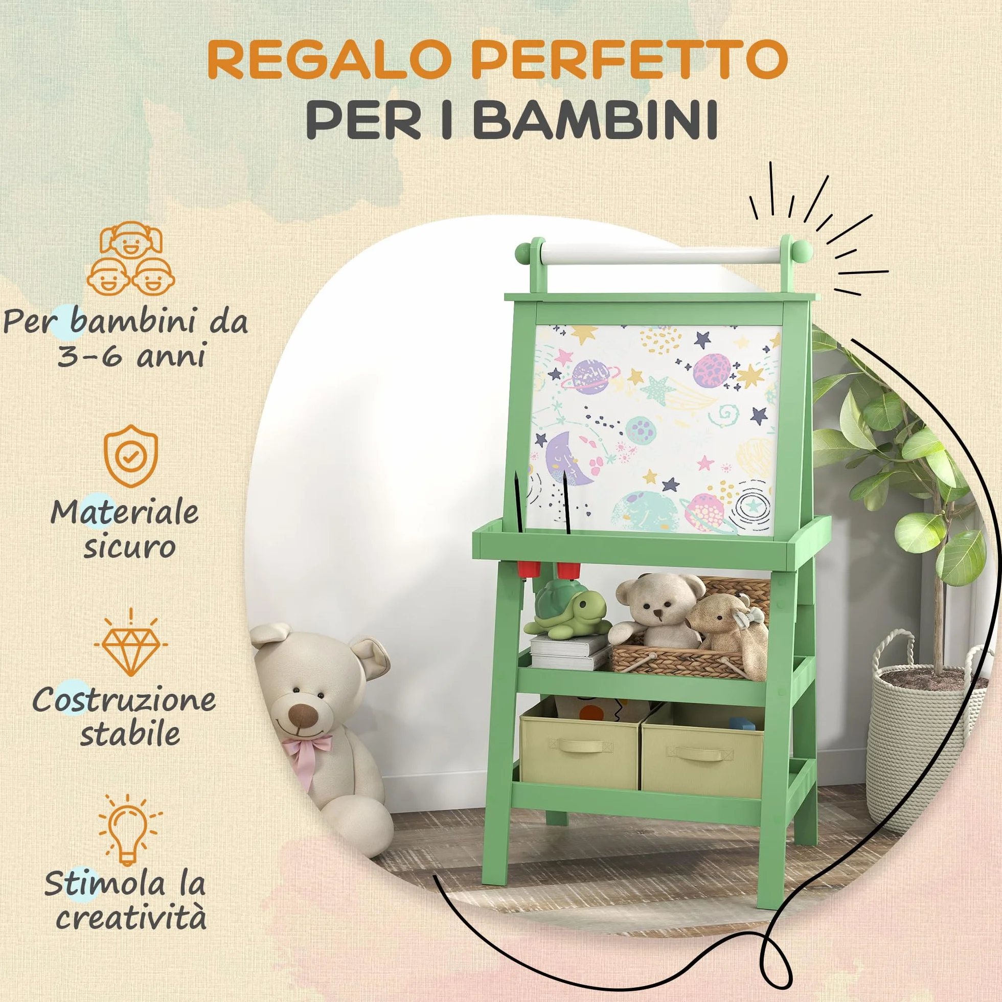 AIYAPLAY Lavagna cavalletto per bambini 3 in 1 lavagna double face bambino con pannello bianco e nero magnetico - rotolo di carta + 2 cestini portaoggetti integrati - 3-6 anni in legno verde