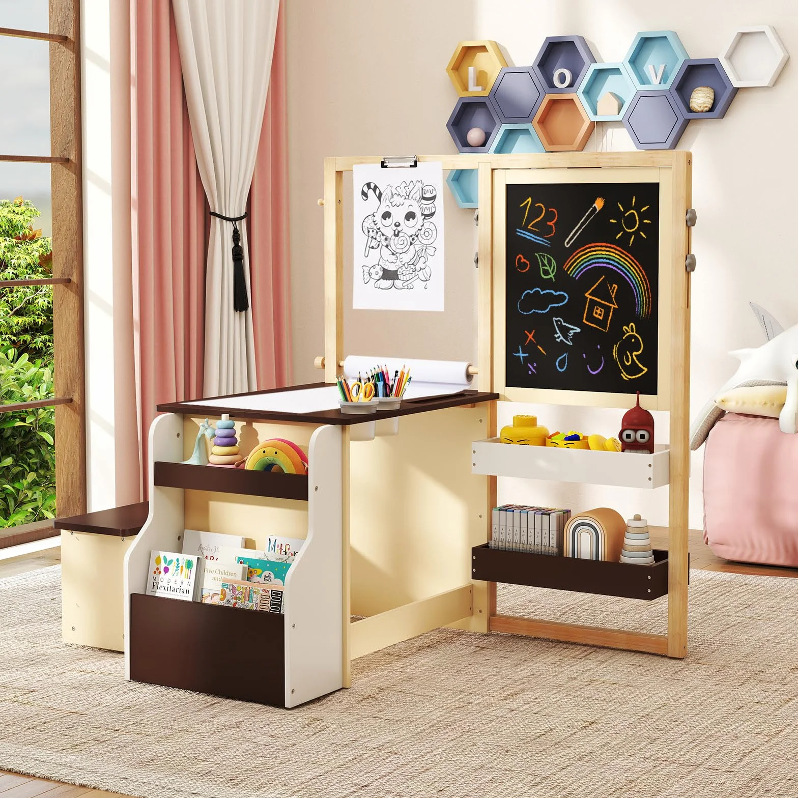 GYMAX Set di Cavalletto con Tavolo e Panca per Bambini, Scrivania Multifunzionale in Legno con Lavagna Bifacciale (Caffè)