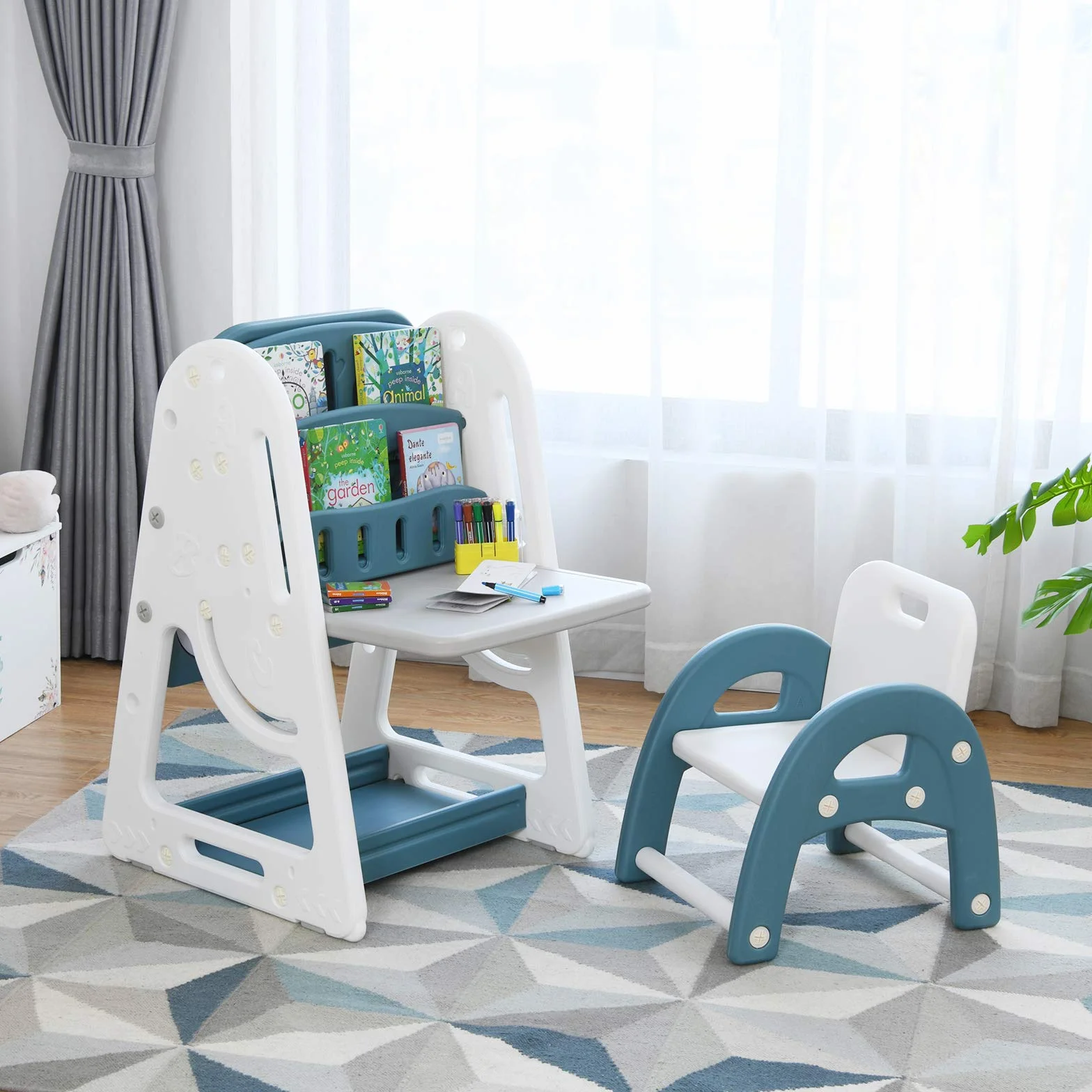 COSTWAY Lavagna Magnetica Bifacciale per Bambini, Altezza Regolabile, con Sedia e Accessori (Blu)