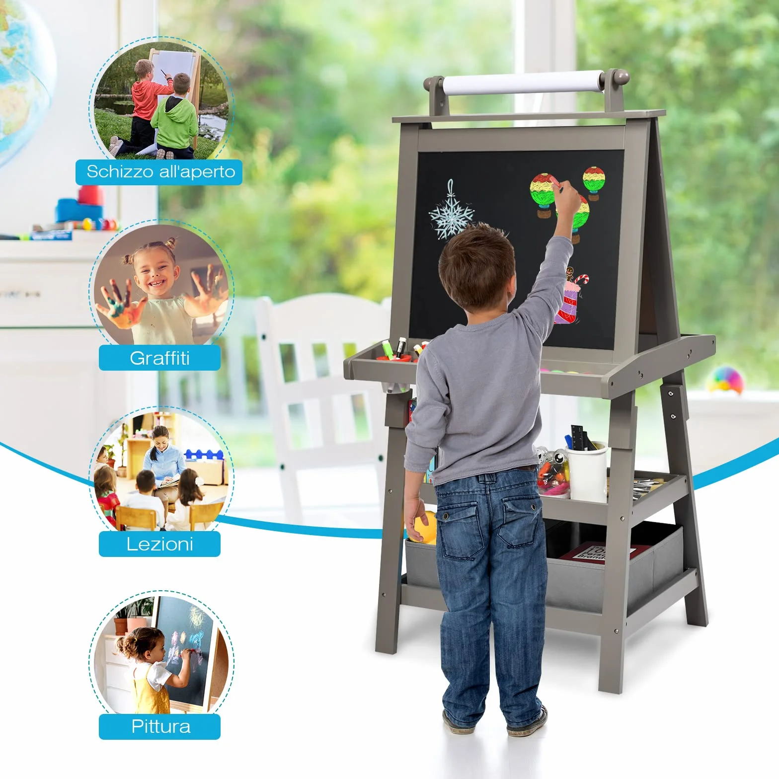 Lavagna per Bambini 3 IN 1 RELAX4LIFE, Cavalletto Pittura a Doppia Faccia Magnetica con Rotolo di Carta, Giocattolo Educativo 3+ Anni, Grigio