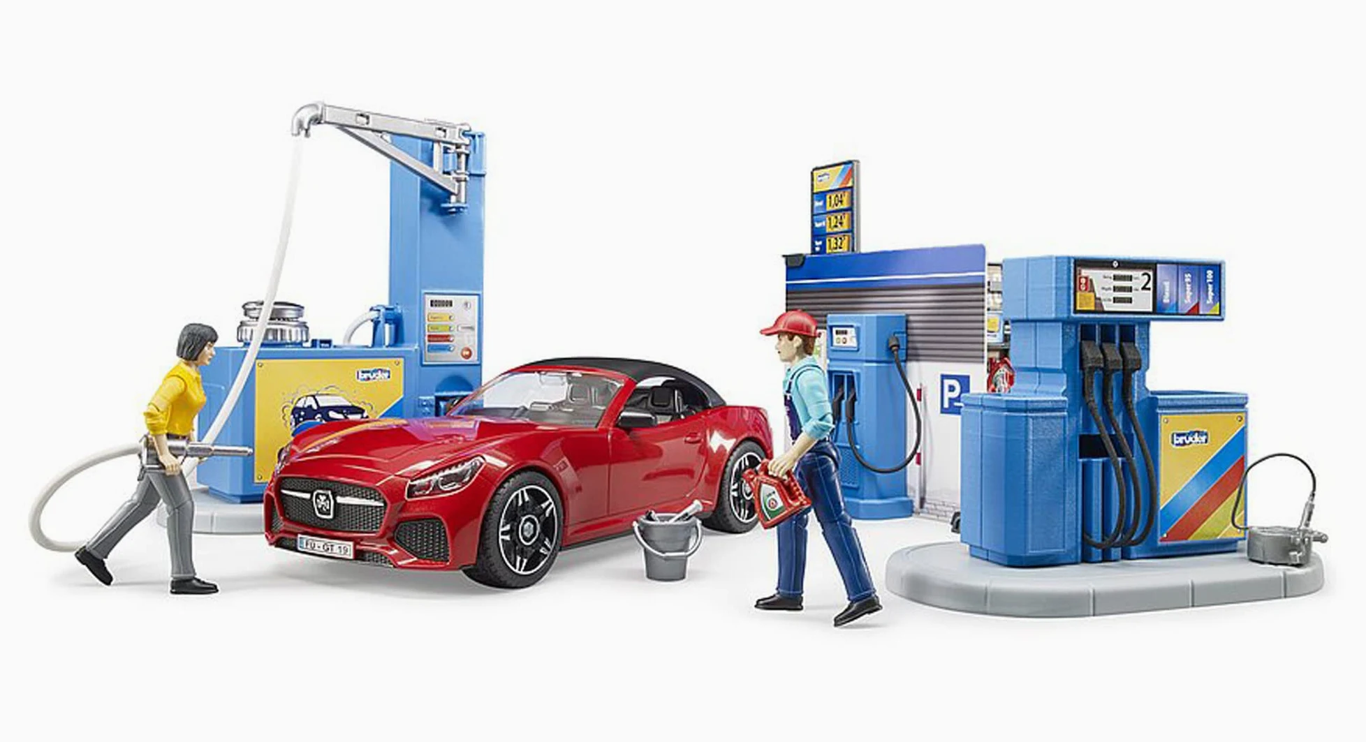 bruder 62111 - stazione di servizio bworld con pompa di benzina, stazione di ricarica per e-car, roadster, conducente, area di lavaggio, addetto alla stazione di servizio