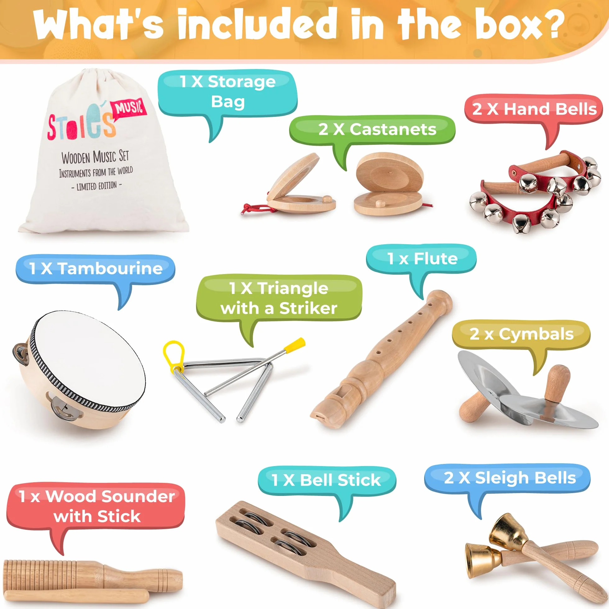 STOIE'S 15 PZ Strumenti Musicali Legno Bambini 3 4 5 6 Anni Percussioni Montessori Set Strumenti Musicali Bambini Tamburello Bambini Giocattoli Musicali Giochi