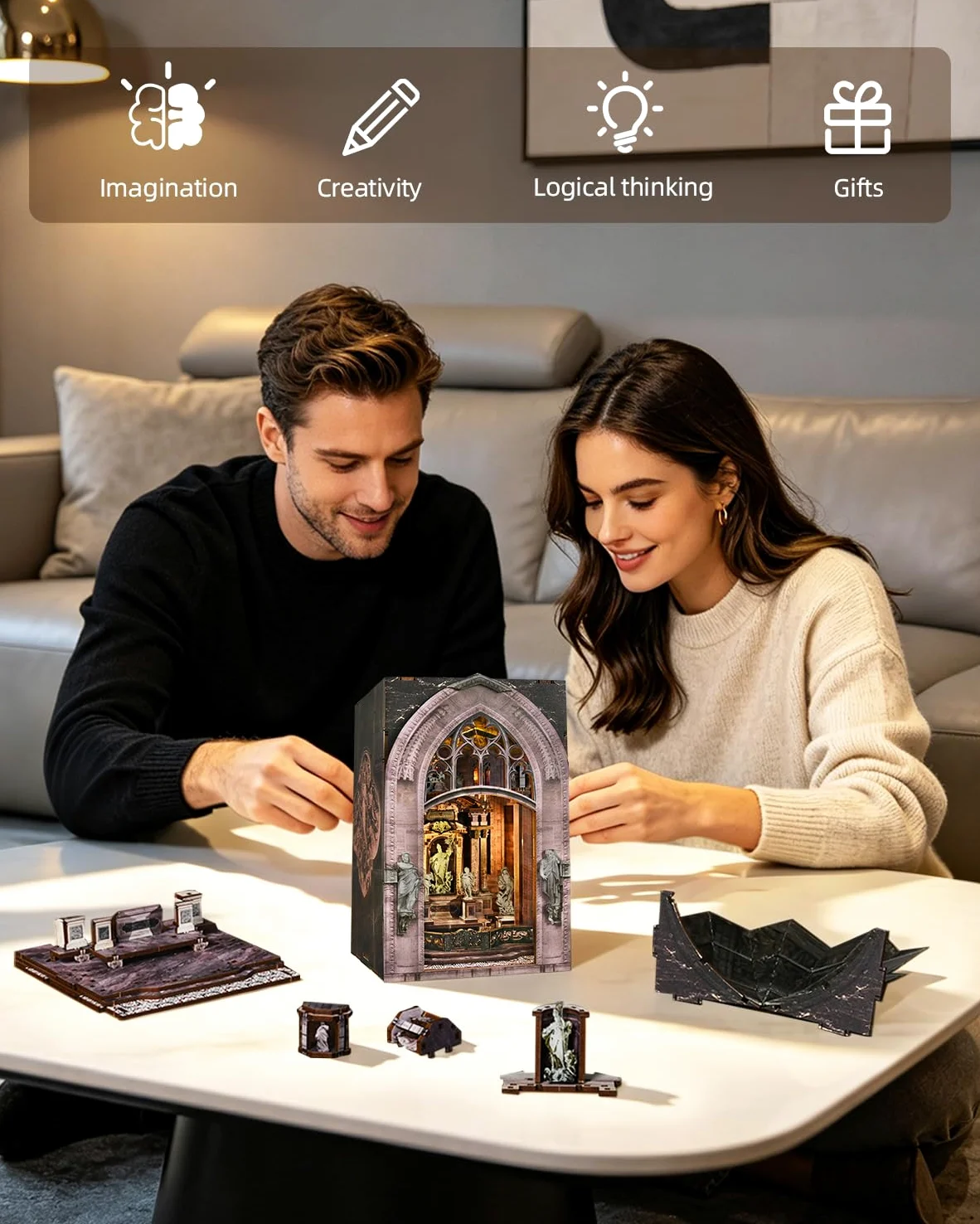MiniCity Kit Book Nook, casa delle bambole fai da te, casa delle bambole, casa in miniatura per adulti, con luce LED, puzzle in legno 3D e fermalibri, decorazione e regalo (Duomo di Mliano)