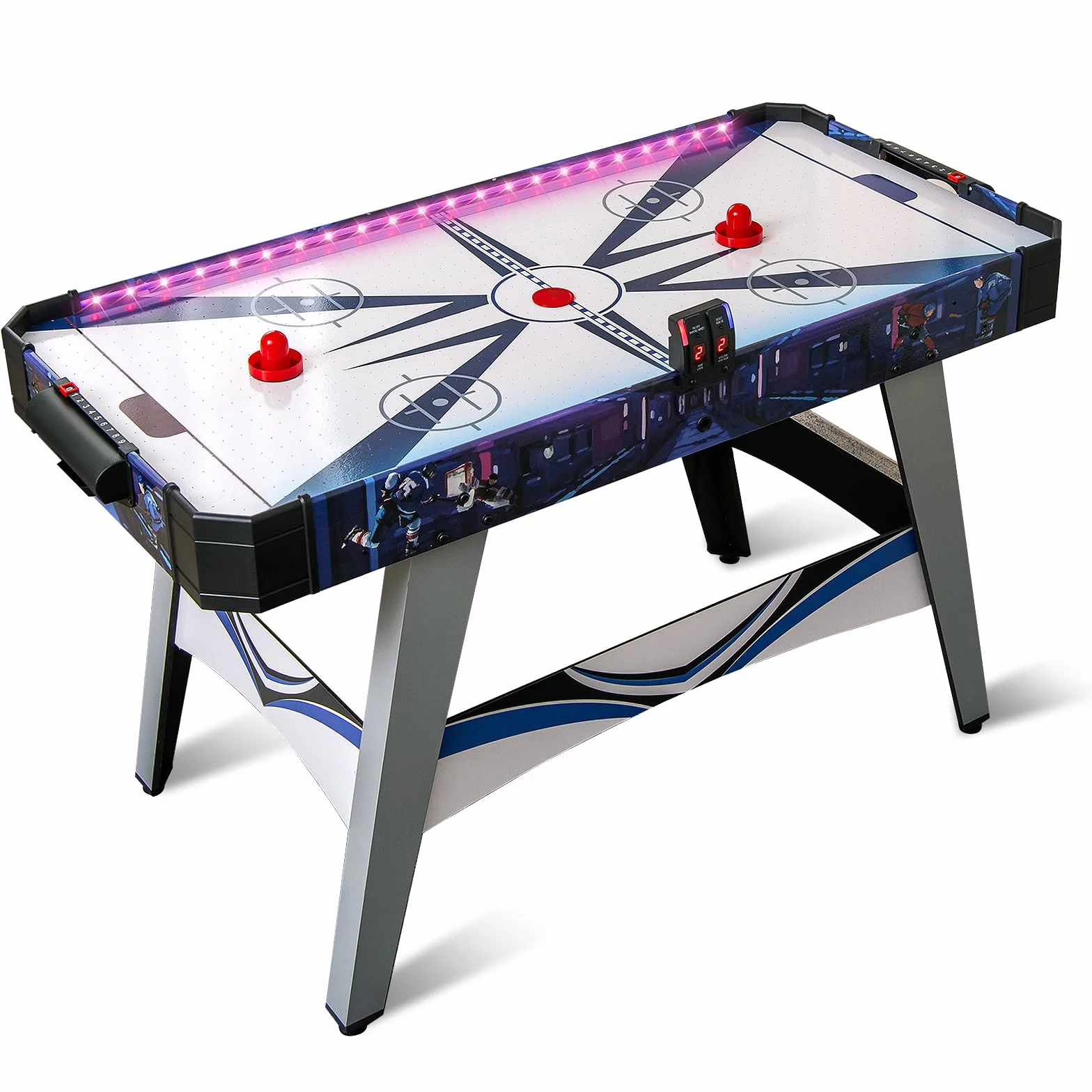 COSTWAY Air Hockey da Tavolo con 2 Spintori e Dischi, Piedini Regolabili, Tavolo da Hockey Alimentato con 12V Motore e Tabellone Segnapunti LED, Tavolo Hockey da Interno 137 x 65 x 86 cm