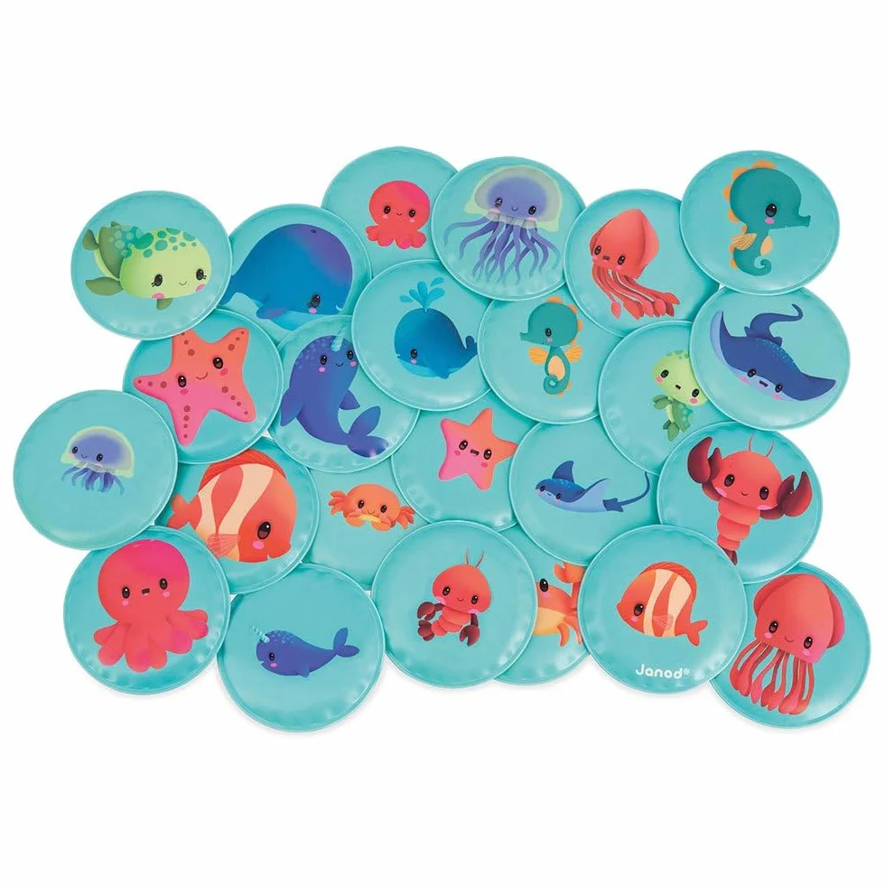 Janod - Gioco di Memoria Cuccioli - Gioco da Bagno - 24 Pezzi Galleggianti - Gioco di Memoria per Bambini - Giocattolo Evolutivo - dai 24 Mesi, J04723