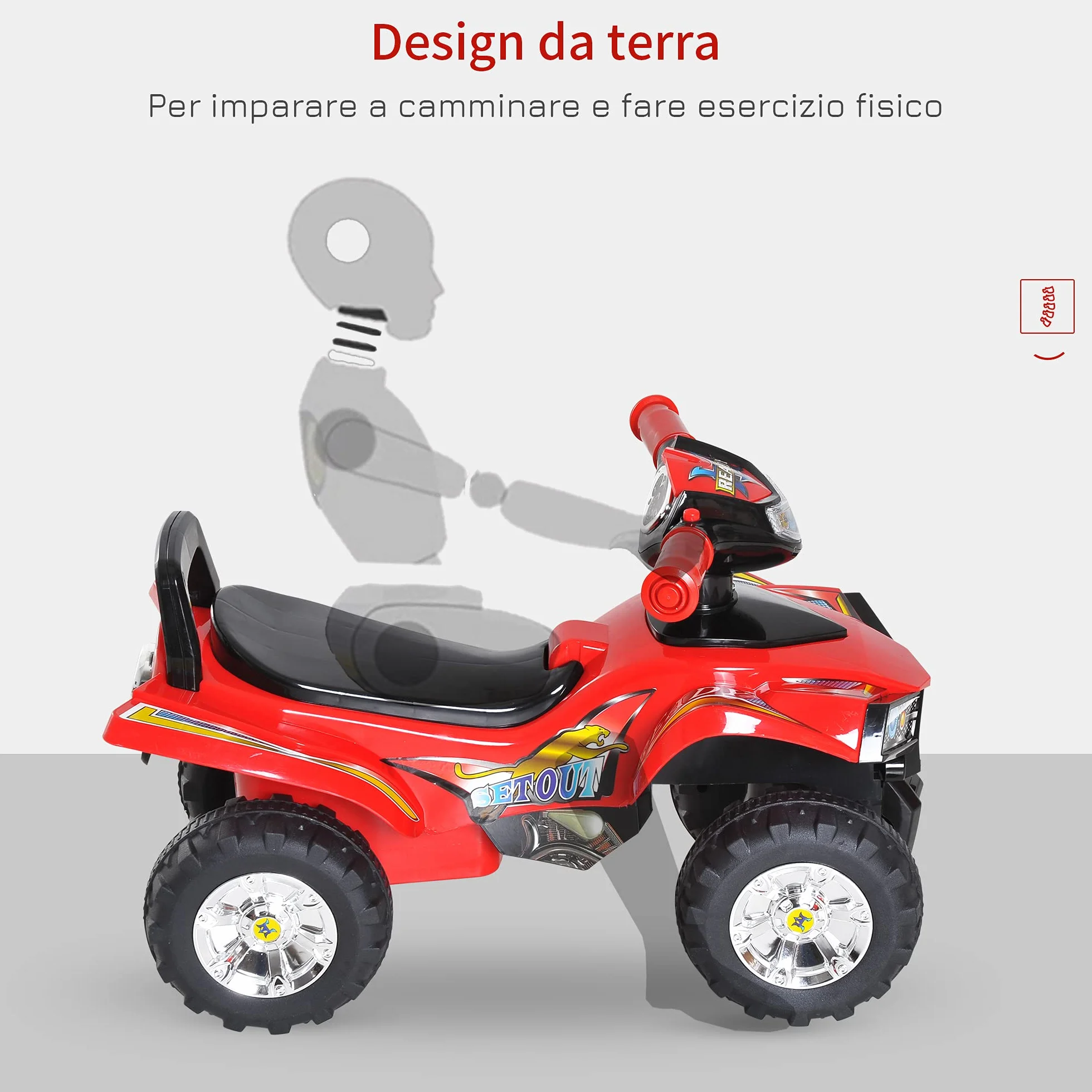 HOMCOM Quad Giocattolo Bambini Macchina Cavalcabile Clacson Musica Luci 60x38x42 cm PP Rosso