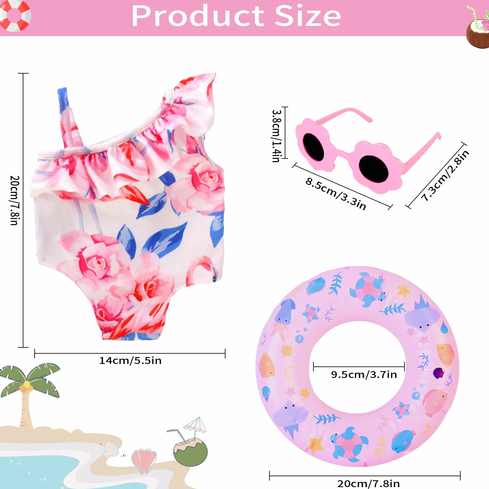 Set da Nuoto per Bambole con Costume da Bagno per Bambole, Occhiali da Sole Bambola Rosa, Anello per Il Nuoto Bambolotto, Costumi da Bagno per Bambole 35-45 cm, Accessori per Bambole (A)