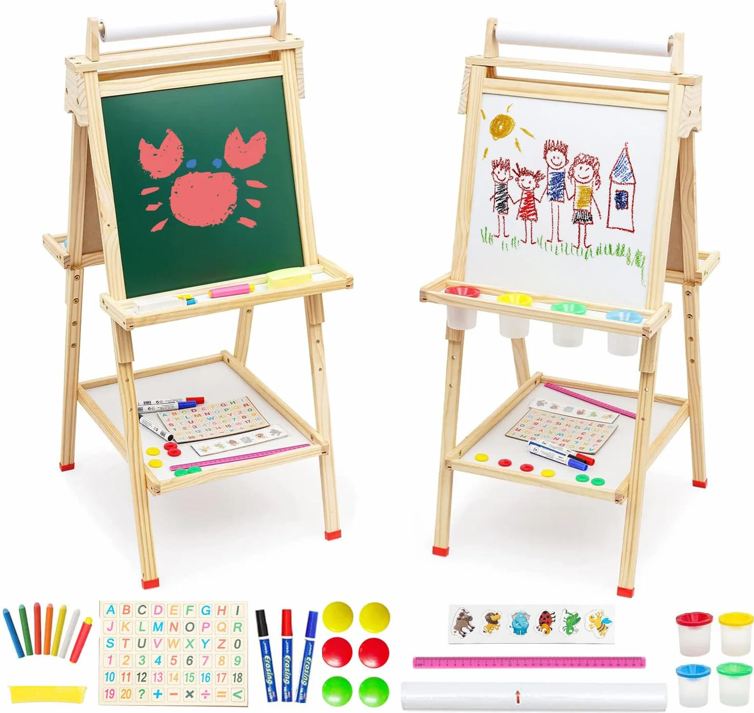 Lavagna per Bambini 3 in 1 Cavalletto in Legno Pittura in Regolabile Altezza, Lavagna Doppia Faccia, Lavagnas Multiattività con Rotolo di Carta, Numeri e Altri Accessori, Giocattolo Educativo 3+ Anni
