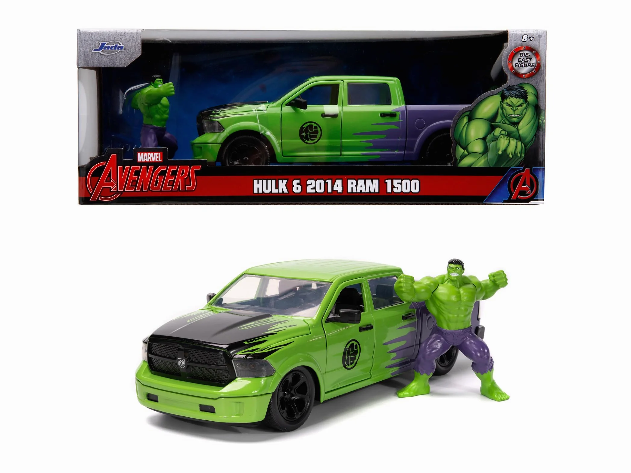 Jada Toys Marvel Hulk Figura con Modellino Auto 2014 Dodge Ram 1500 - Set da Collezione Avengers (6 cm) e Auto Giocattolo (20 cm) per Appassionati e Bambini