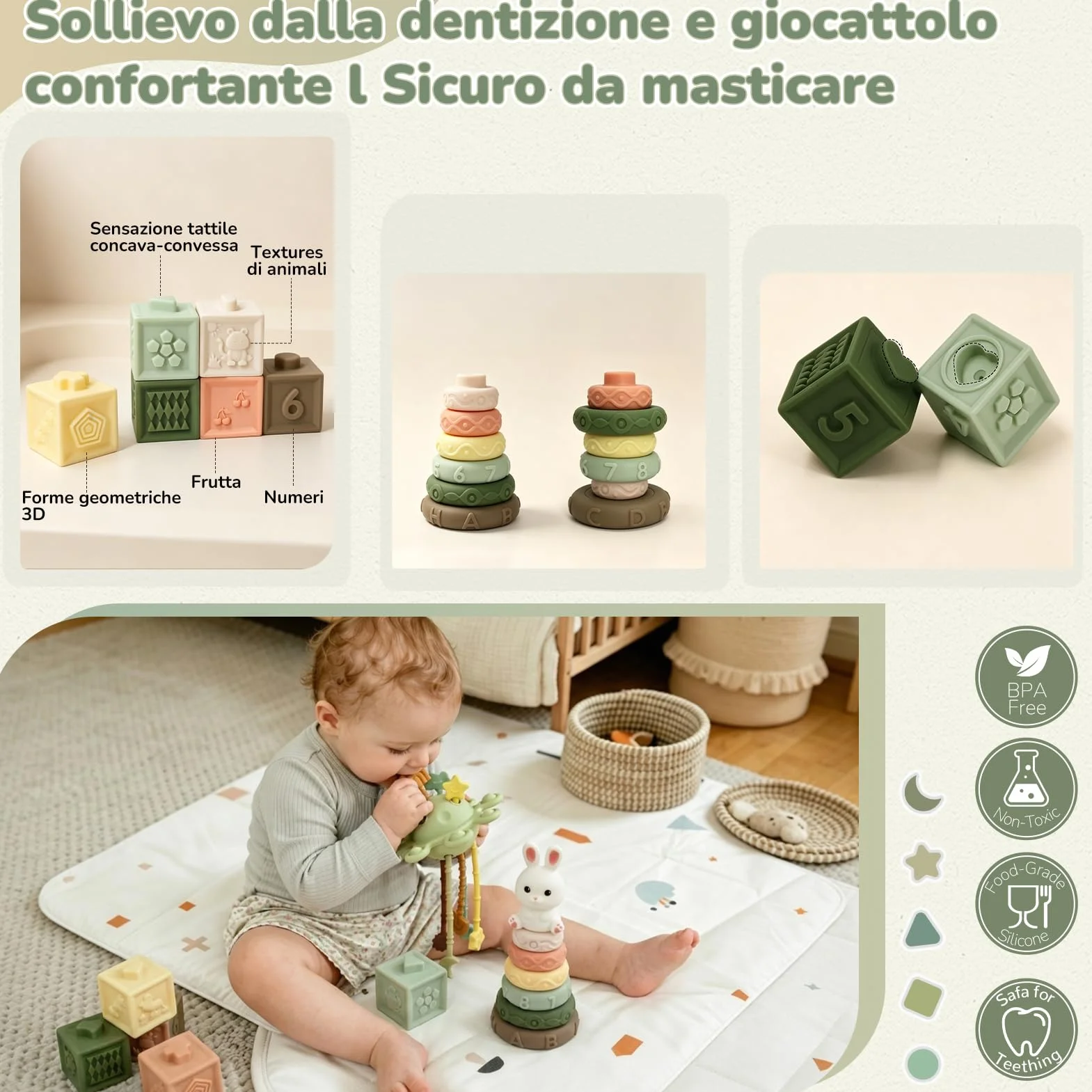 Giochi Montessori 6 Mesi 5 in 1 con Scatola Fazzoletti, Impilabili, Classificazione, Tirare Corda Regalo Bambino 8-12 Mesi