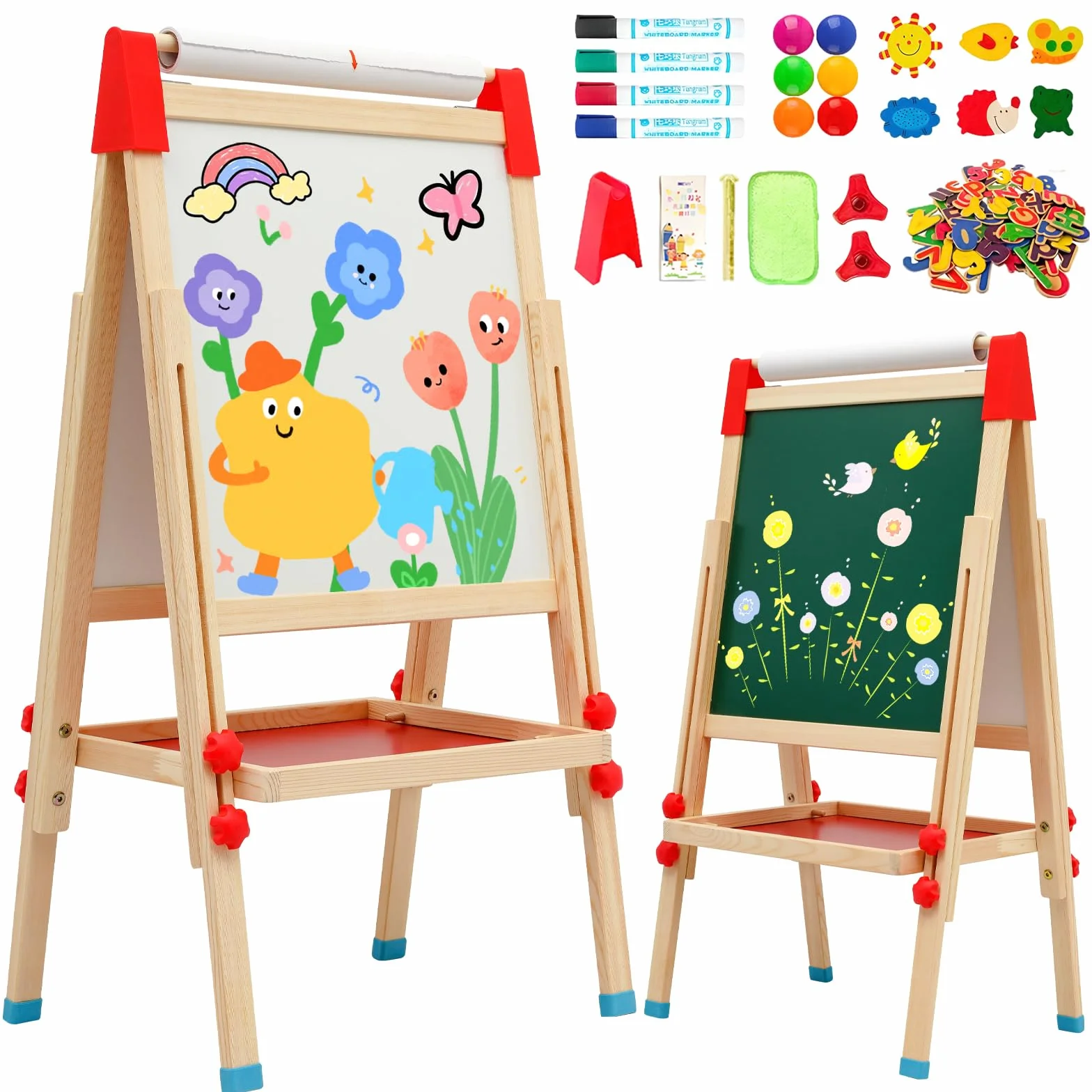 Cavalletto per Bambini 3 in 1 Doppia Faccia Lavagna in Legno con Numeri e Accessori Educativi