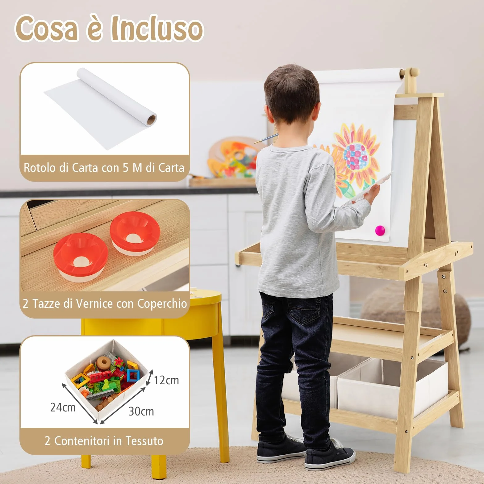 GYMAX Cavalletto per Bambini 3 in 1, Lavagna Magnetica Doppia Faccia, 59 x 50 x 117 cm