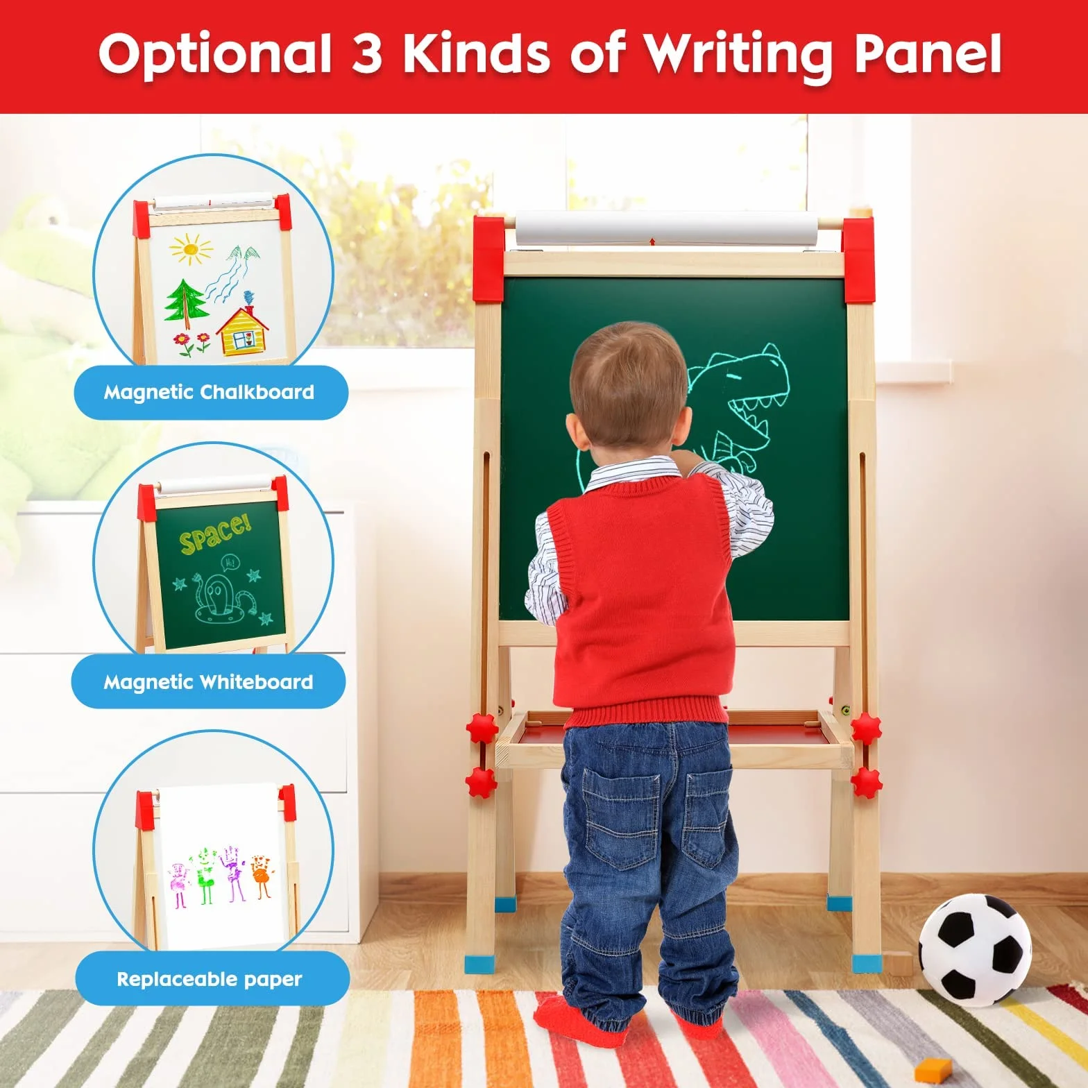 Cavalletto per Bambini 3 in 1 Doppia Faccia Lavagna in Legno con Numeri e Accessori Educativi