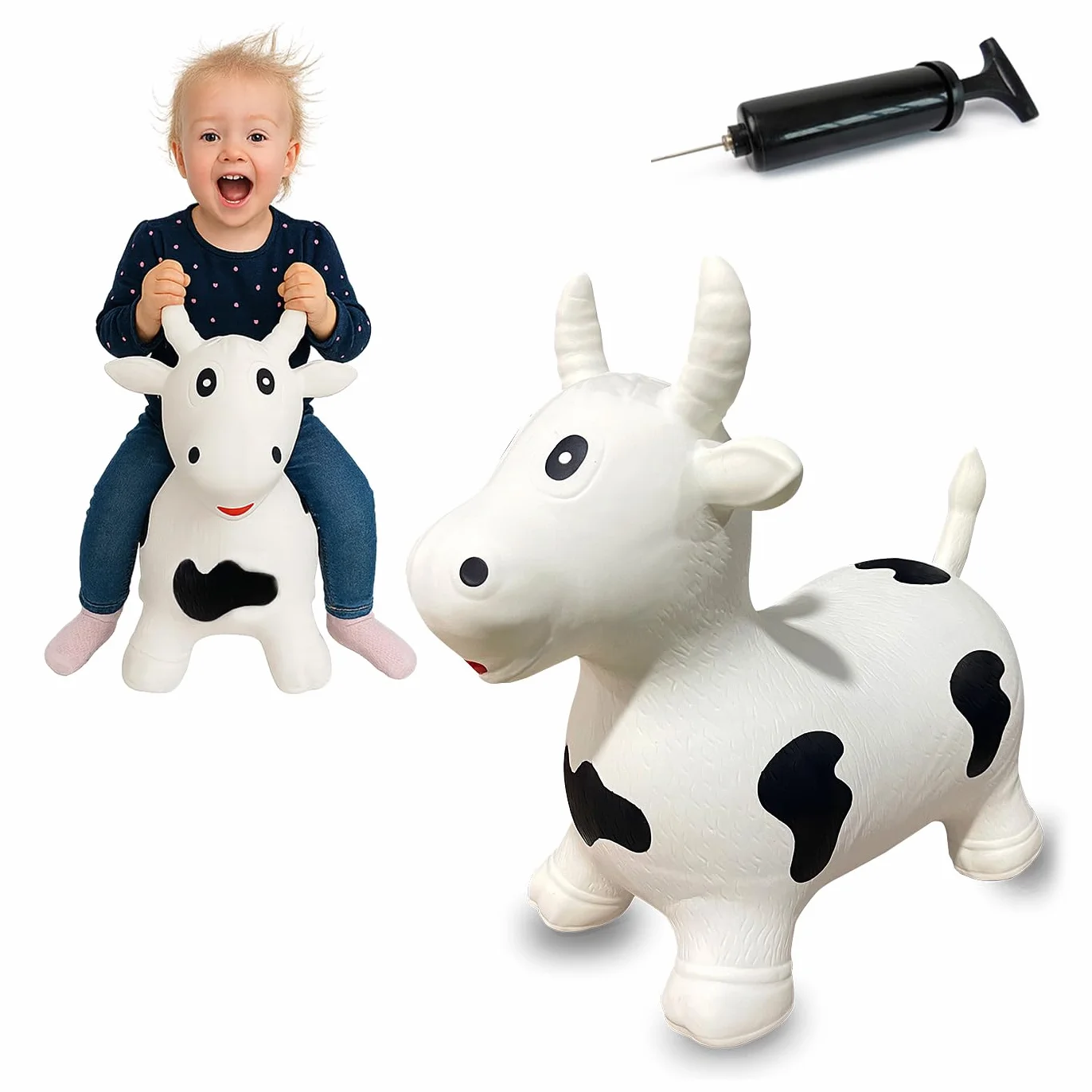 Jamara 460318 - Animale salterino Toro bianco/nero con pompa – Sviluppa l'equilibrio e capacità motorie, Orecchie come sostegno, Robusto e resistente fino a 50 Kg