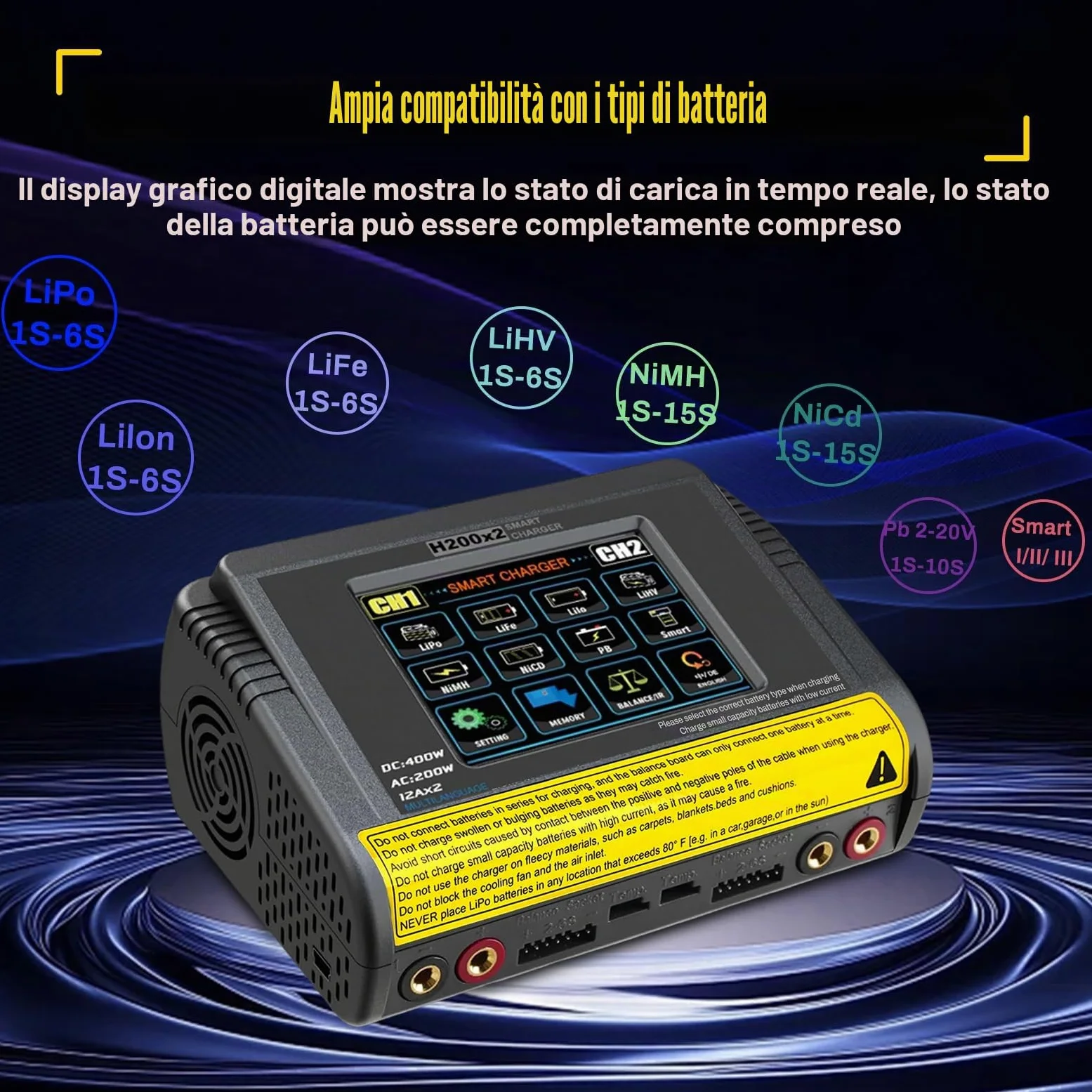 Caricabatterie lipo T400 AC200W/DC400W 12A,lipo caricatore bilanciato doppio scarico 3,2 pollici a colori touch screen scaricatore per LiPo/Lilon/LiFe/NiMH/NiCd/PB/NiMH