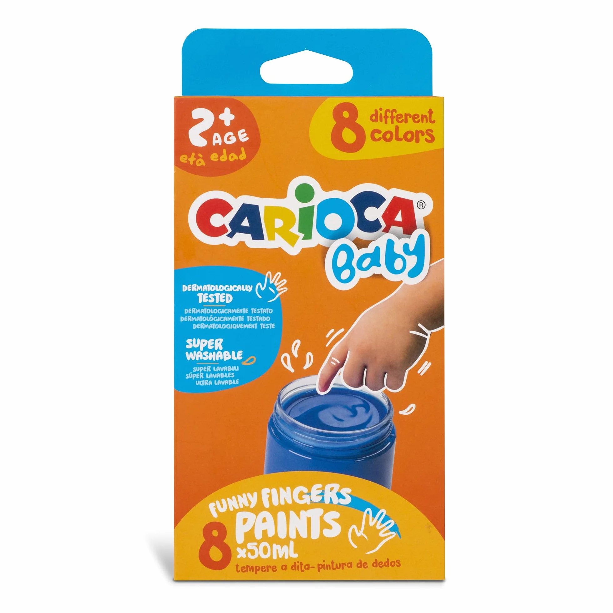 CARIOCA Tempera a Dita Baby, Set di Tempere Lavabili per Bambini 2 Anni+, 8 Colori Assorti da 50 ml