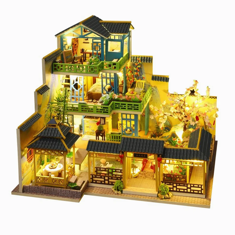 Casa delle bambole in miniatura in stile cinese a tre piani, mobili in legno, kit fai da te per casa delle bambole con LED per stanza creativa, regalo per adulti e bambini