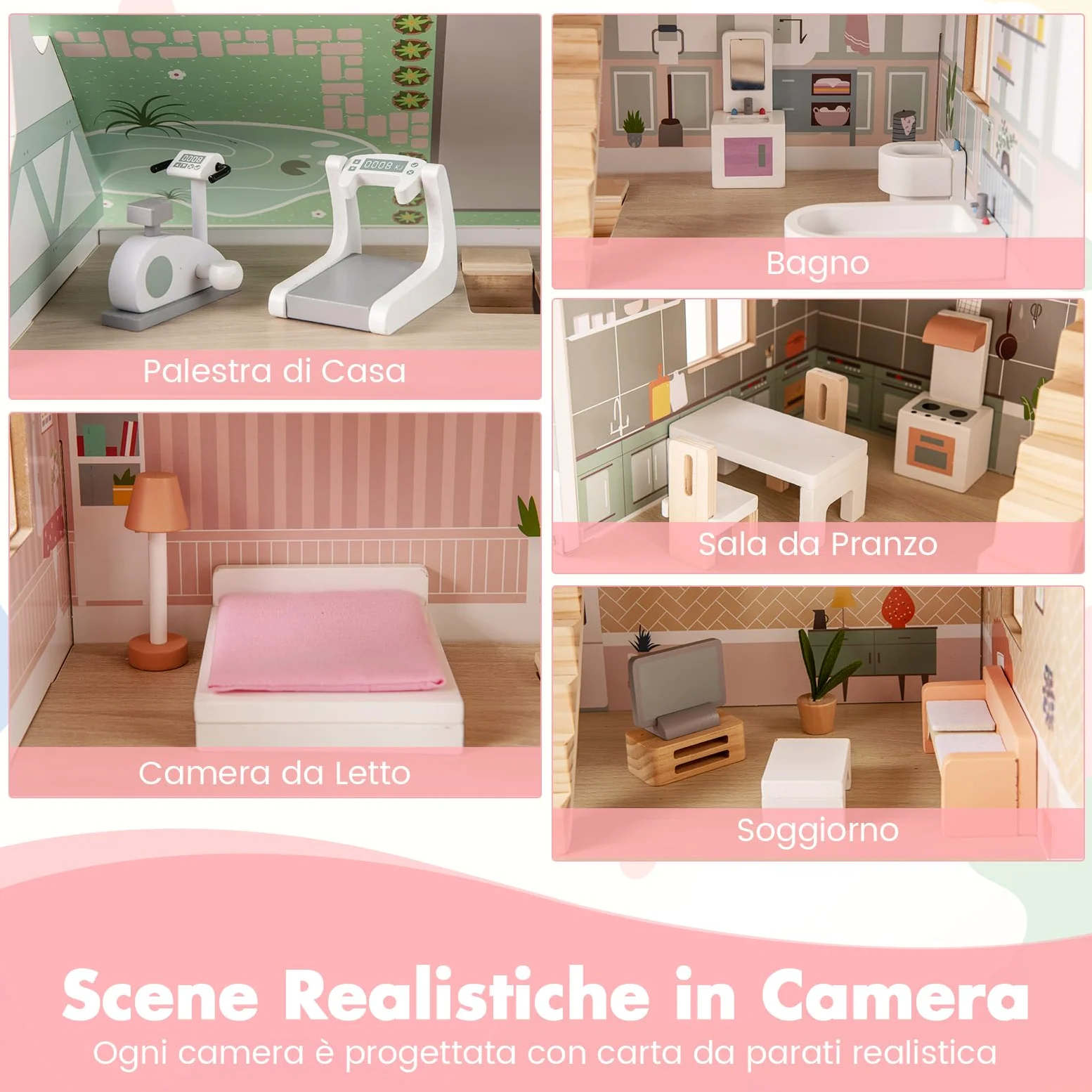 COSTWAY Casa delle Bambole in Legno, Casetta delle Bambole a 3 Piani con Tetti Rimovibili, Porte Apribili, Finestre Squisite 5 Stanze e 19 Accessori, Regalo per Bambini 3+ Anni