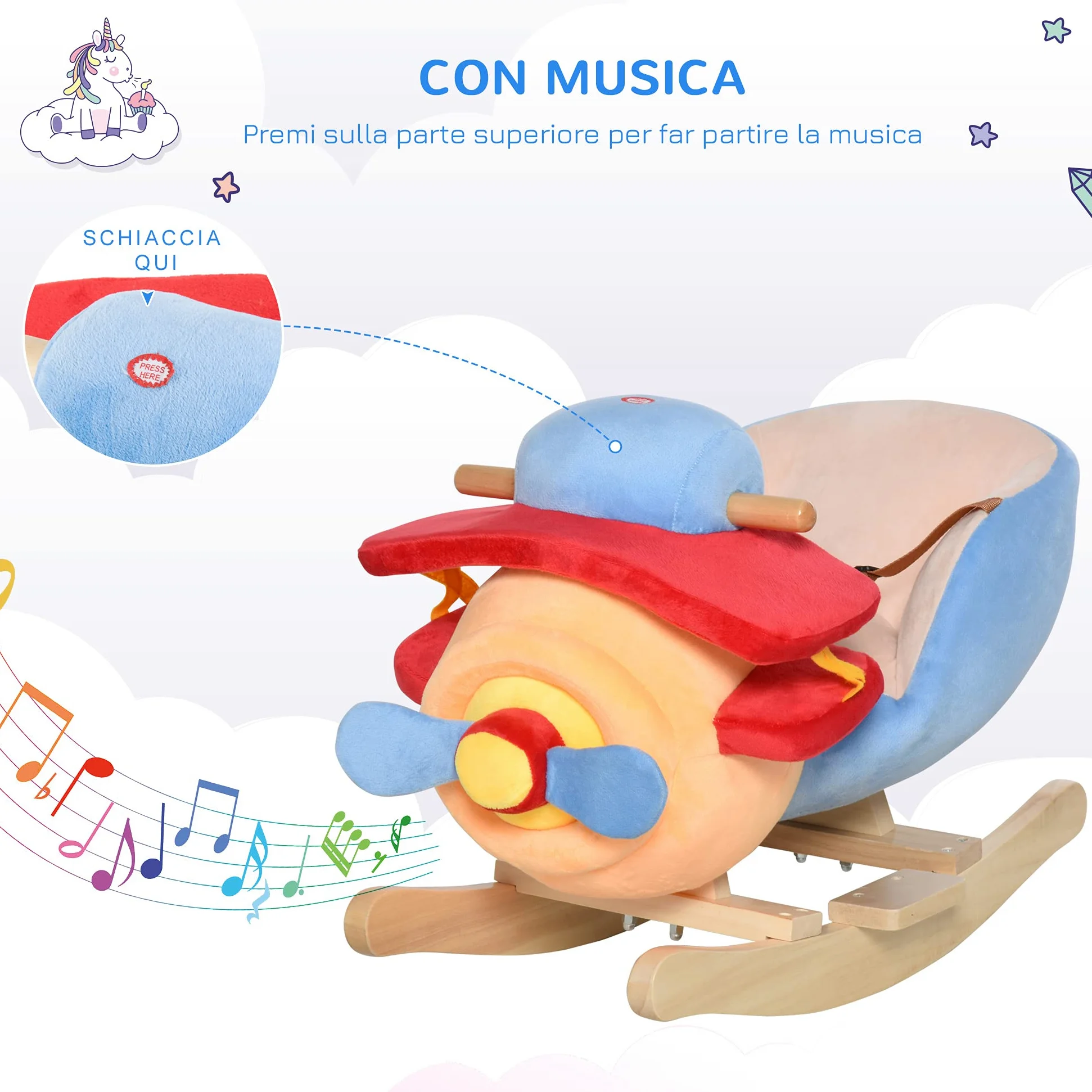 HOMCOM Cavallo a Dondolo a Forma di Aeroplano per Bambini 60x33x45cm | Età Superiore a 18 Mesi, Cacalluccio a Dondolo, Musica Incorporata, Legno Alamo, Max:60kg