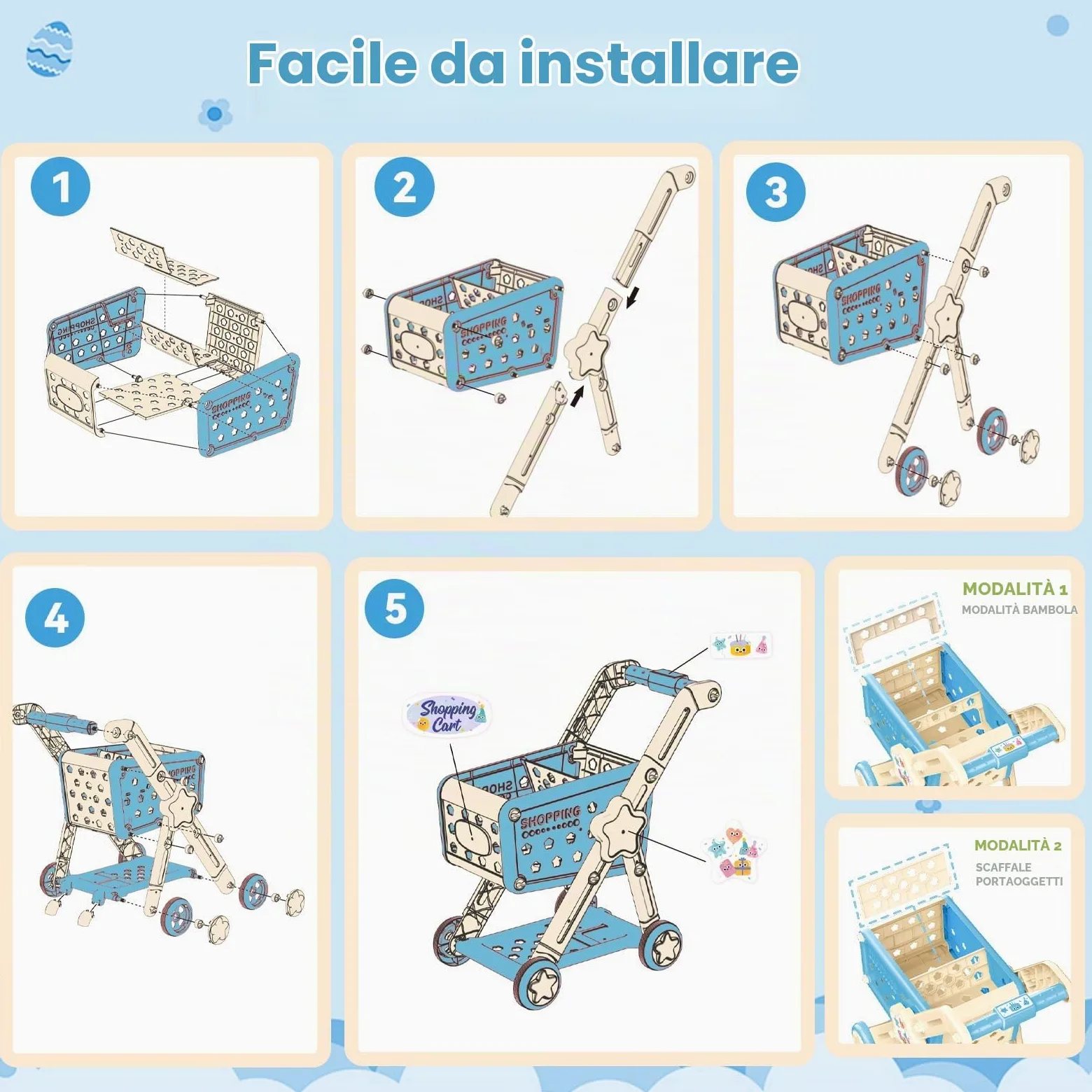 RedCrab Carrello Spesa Giocattolo con Scanner, 74 Pcs Accessori per Negozi: Calcolatrice, Carte di Credito, Frutta e Cibo, Gioco di Ruolo Giocattolo per Ragazzi e Ragazze 3+ Anni (Blu)