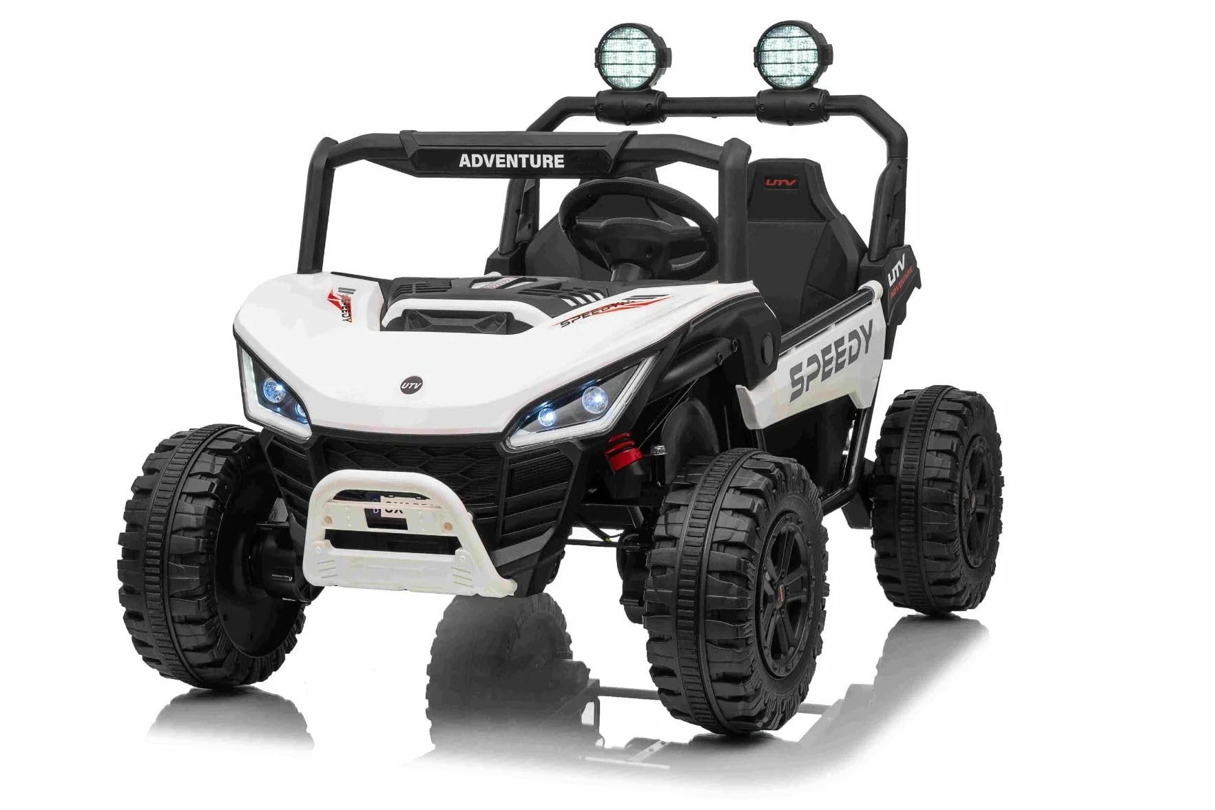 Macchina elettrica per bambini T-REX Ride 4x4, due posti, 24V, bianca, lettore MP3 con ingresso USB/AUX, trazione 4x4, batteria al litio, sospensioni, telecomando, luci LED