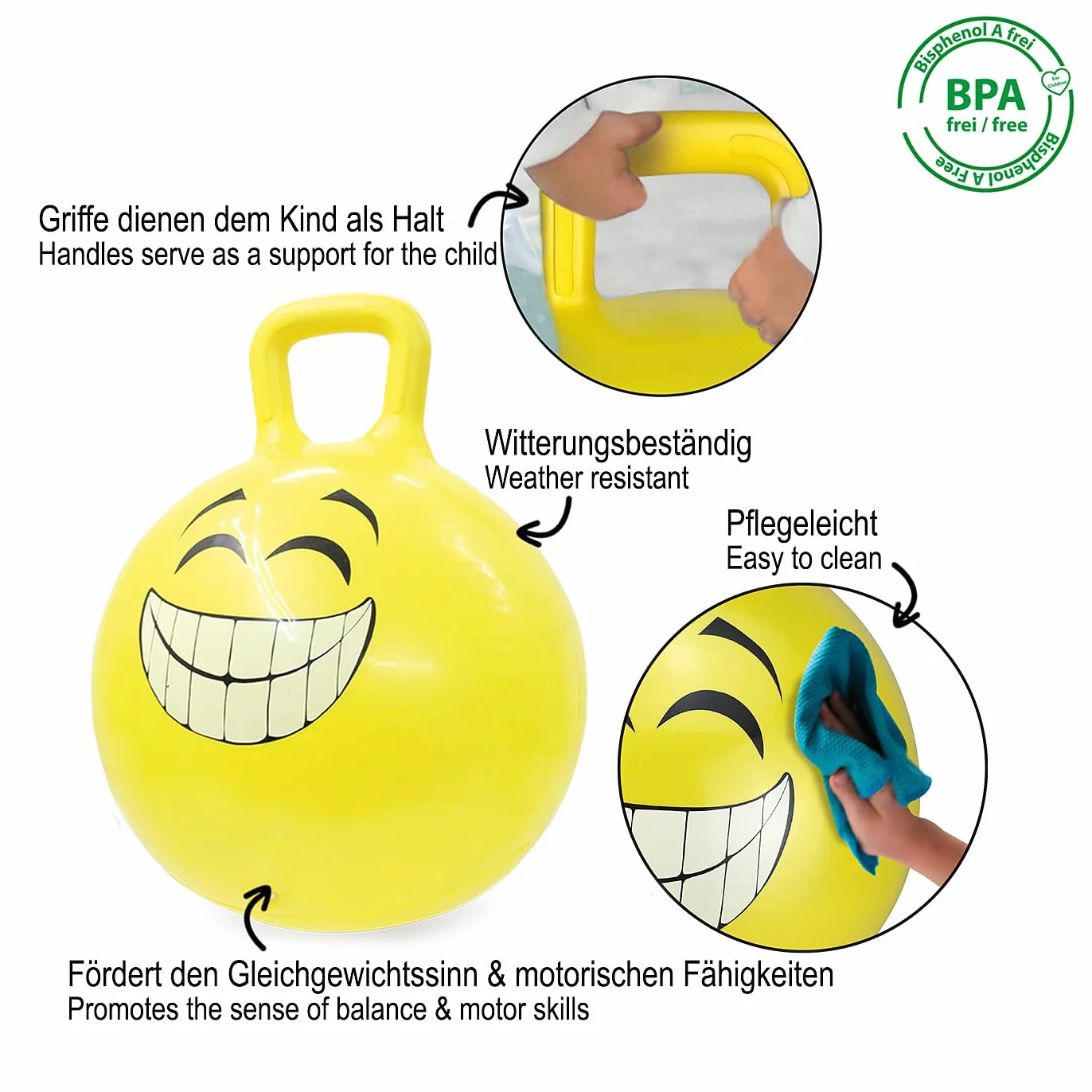 Jamara 460457 - Palla per saltare Smile giallo 450mm - Sviluppa equilibrio e capacitá motorie, Robusta, Resistente, Facile da riporre