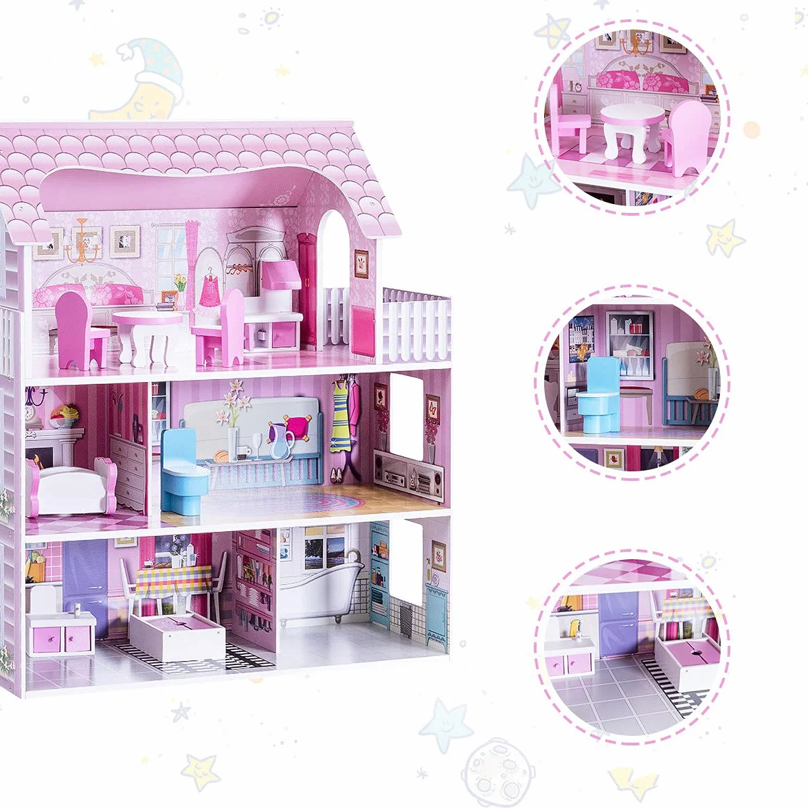 GIANTEX Casa delle Bambole in Legno, Set Giocattoli per Bambole, Casetta a 3 Piani con Mobili per Bambini, Giocattoli per Camera dei Bambini, Rosa 62x27x70cm