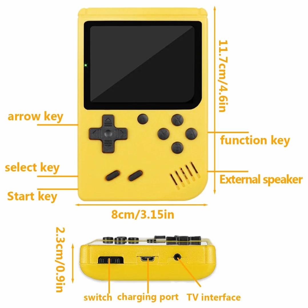 NHQZ Console Portatile con Giochi Arcade,Mini Console di Giochi Retrò,500 Giochi Classici,per Due Giocatori,con Controller Portatile e Uscita AV,Schermo da 3,0 Pollici,per Bambini e Adulti (Giallo)