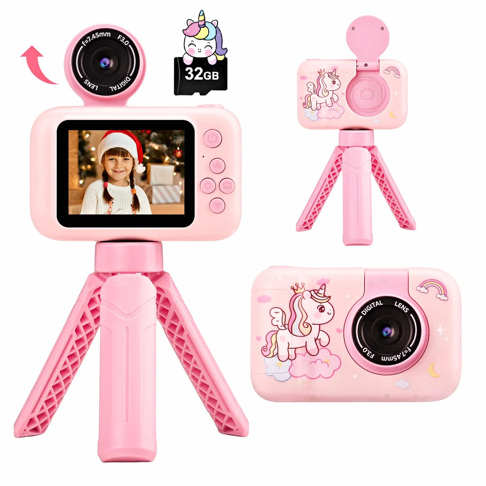 Fotocamera Bambini 1080P Digitale Unicorno Treppiede Display IPS 2.4" Obiettivo Rotante 180° 32GB Regalo Natale Compleanno