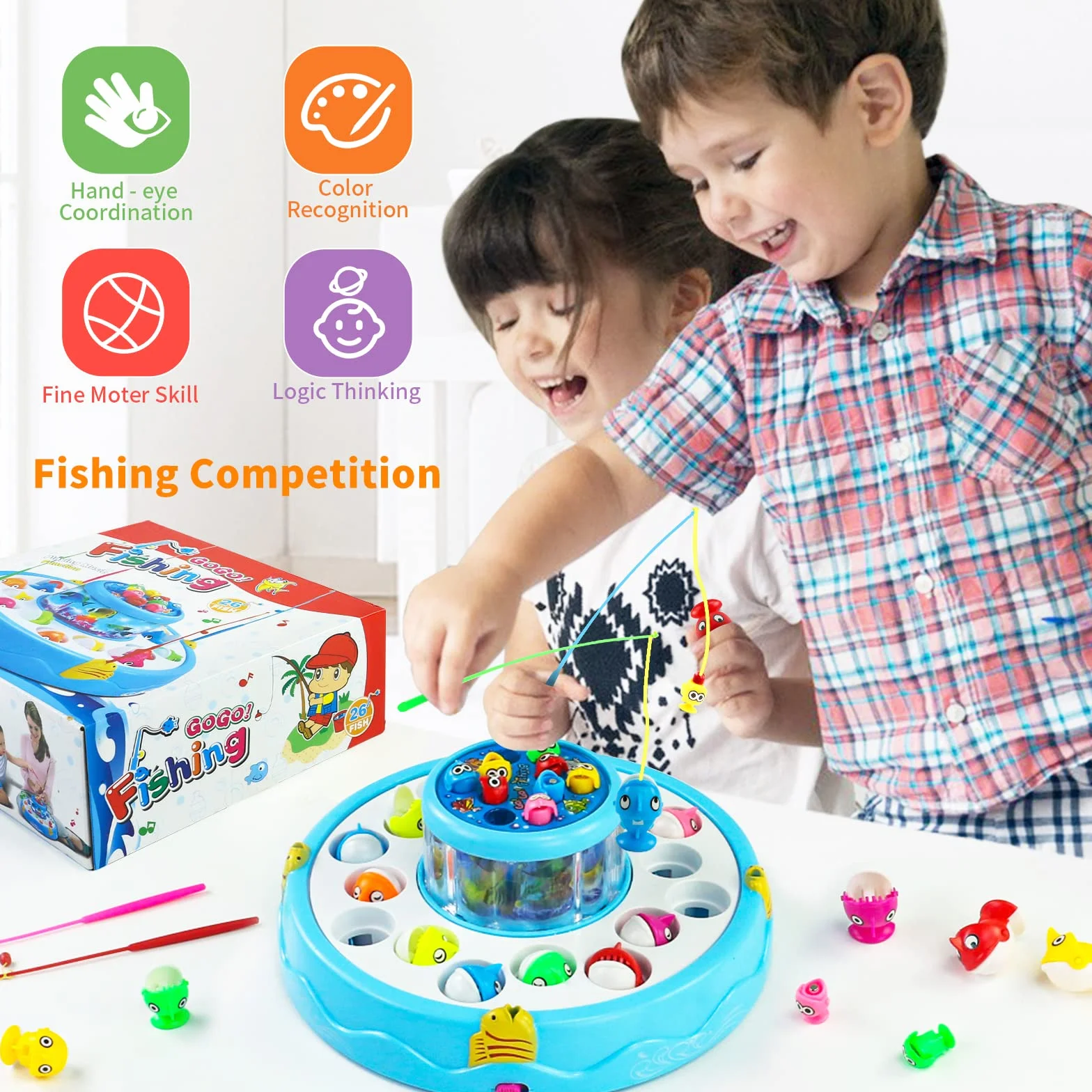 Gioco Pesca Pesci Calamita Magnetico 2 in 1 con 26 Pesciolini e 4 Canna da Pesca Regalo Bambini 2-5 Anni