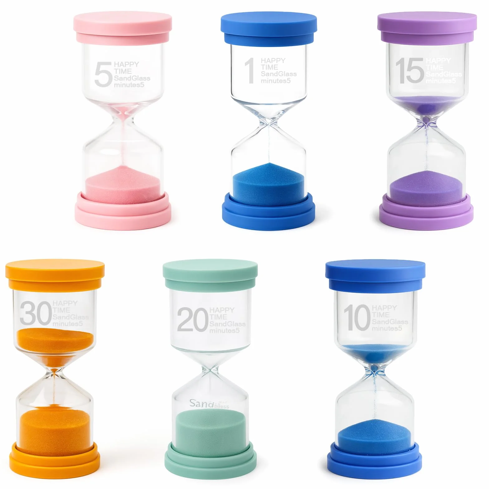 KAIYAY Set di 6 clessidre per bambini, con clessidra colorata per bambini, set da 1/5/10/15/20/30 minuti, timer in vetro per la vita dei bambini, apprendimento, tempistica, regali creativi
