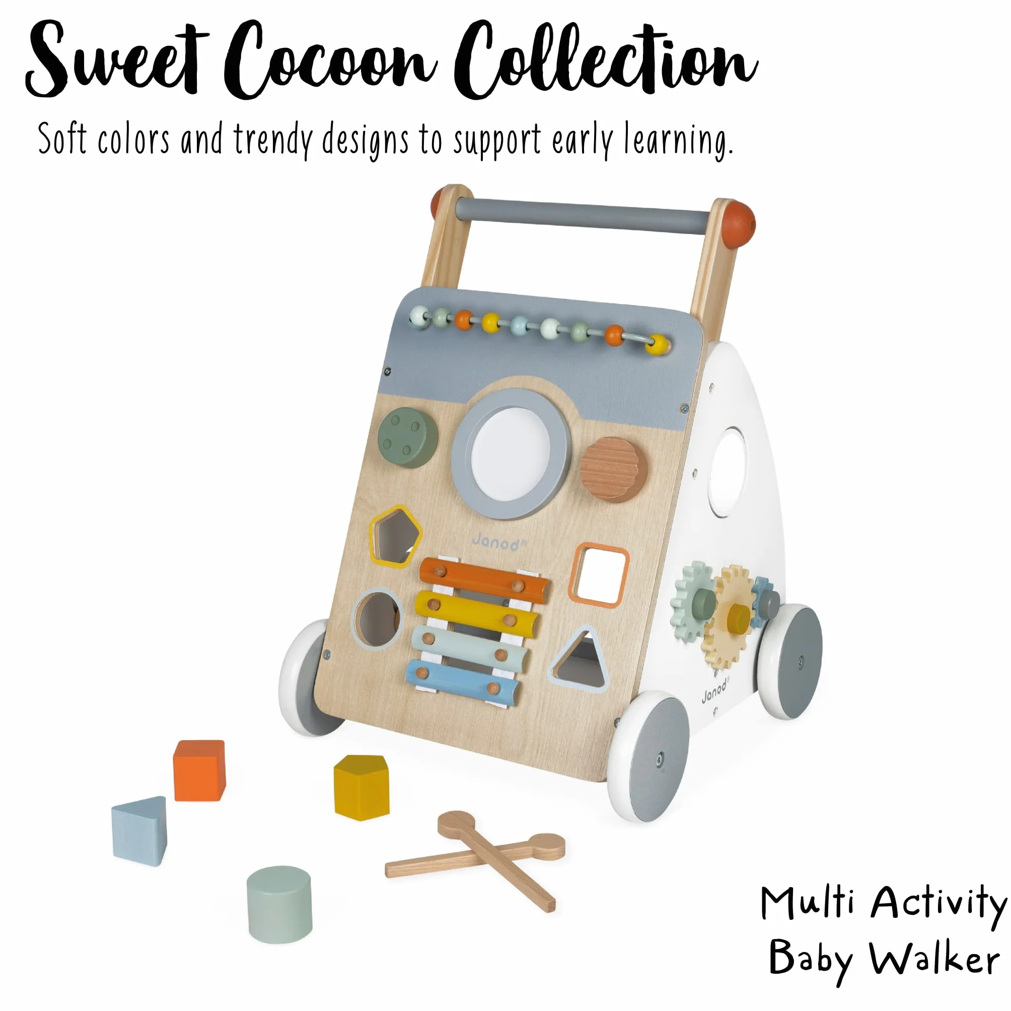 Janod - Carrello Multi Attività Sweet Cocoon - Carrello Primi Passi in Legno a Spinta - 9 Attività - Ruote Silenziose, Vernice Ad Acqua - Giocattolo per Bambini Evolutivo da 12 Mesi, J04410