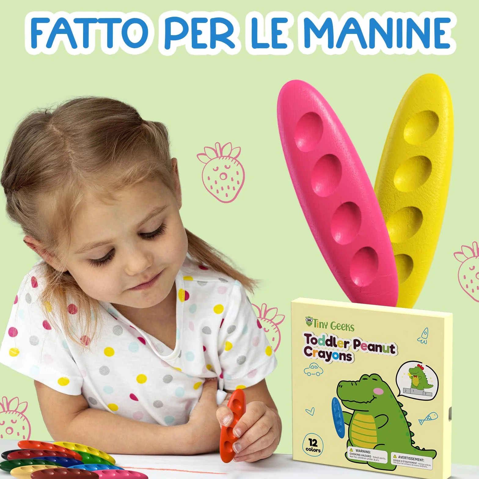 12 Pastelli Bambini 2 Anni + Forma Ergonomica Arachidi + Crayon per Bambini 1-3 Anni | Colori che non sporcano | Pastello a Razzo e Facili da Impugnare | Pastelli a cera