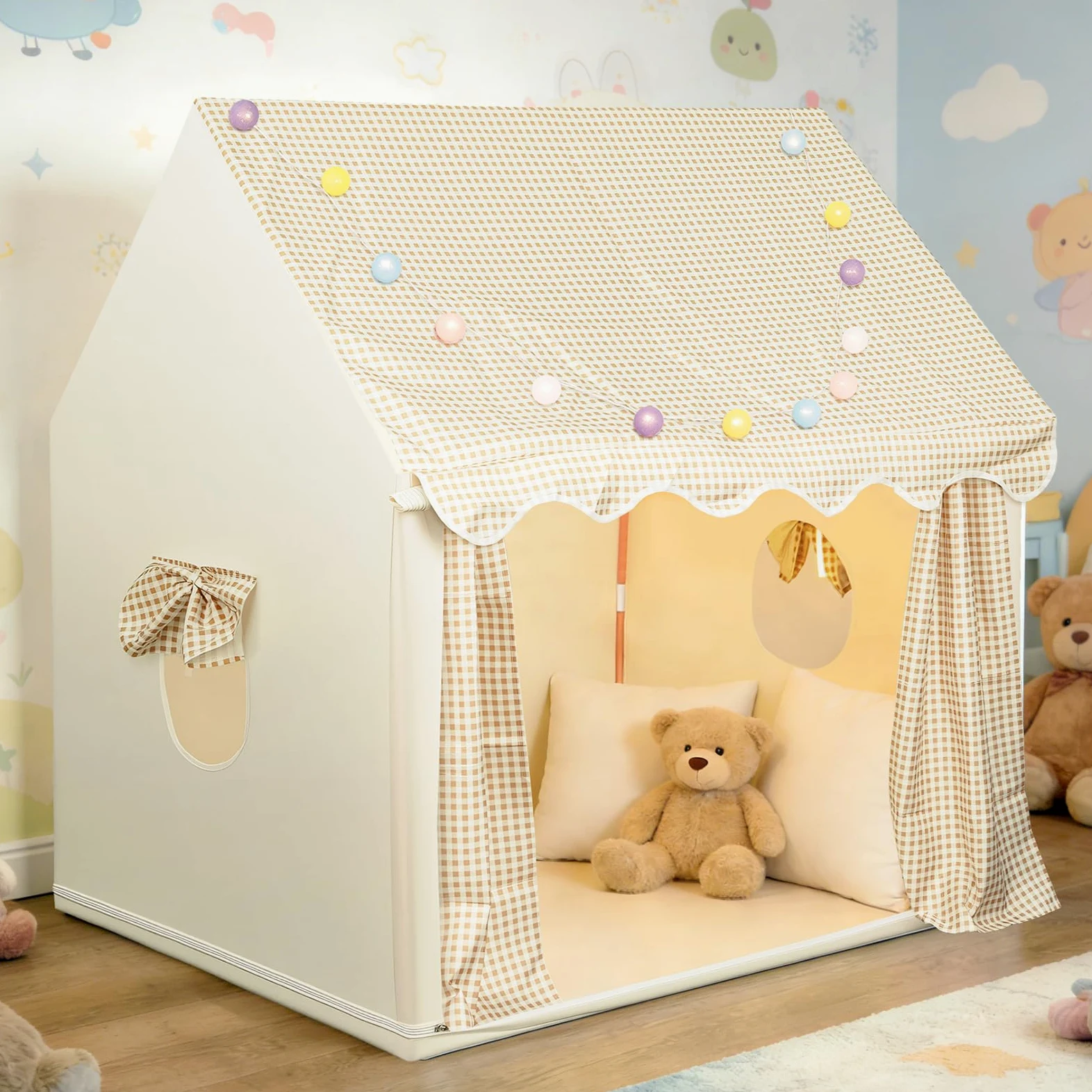eSynic Tenda da Gioco per Bambini con Luci LED Decorative, Casetta Stanza di Attività Giochi con 2 Finestre per 2-3 Piccoli, Angolo da Lettura Studio, Facile da Montare - Beige a Quadri