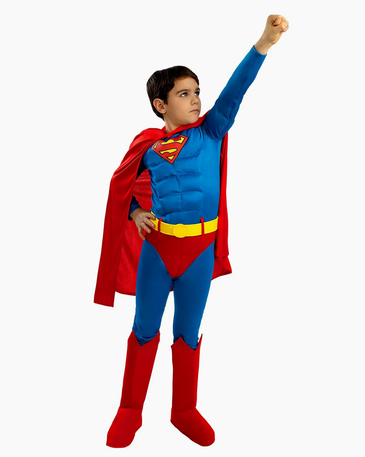 Funidelia Costume Ufficiale di Superman deluxe per bambino, Tuta con muscoli, cintura, mantello e copristivali, Supereroi - Tenuta per bambini per feste, Carnevale e Halloween