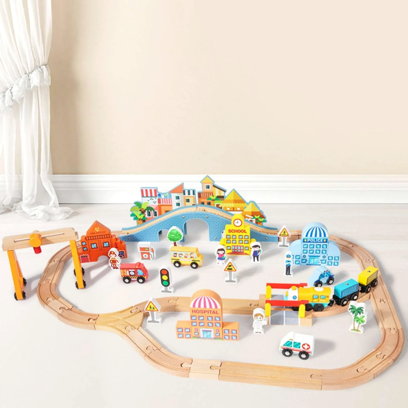 predolo Set Trenino Elettrico in Legno Scene Multiple Set Ferroviario Legno Sicuro Trenino con Binari per Casa