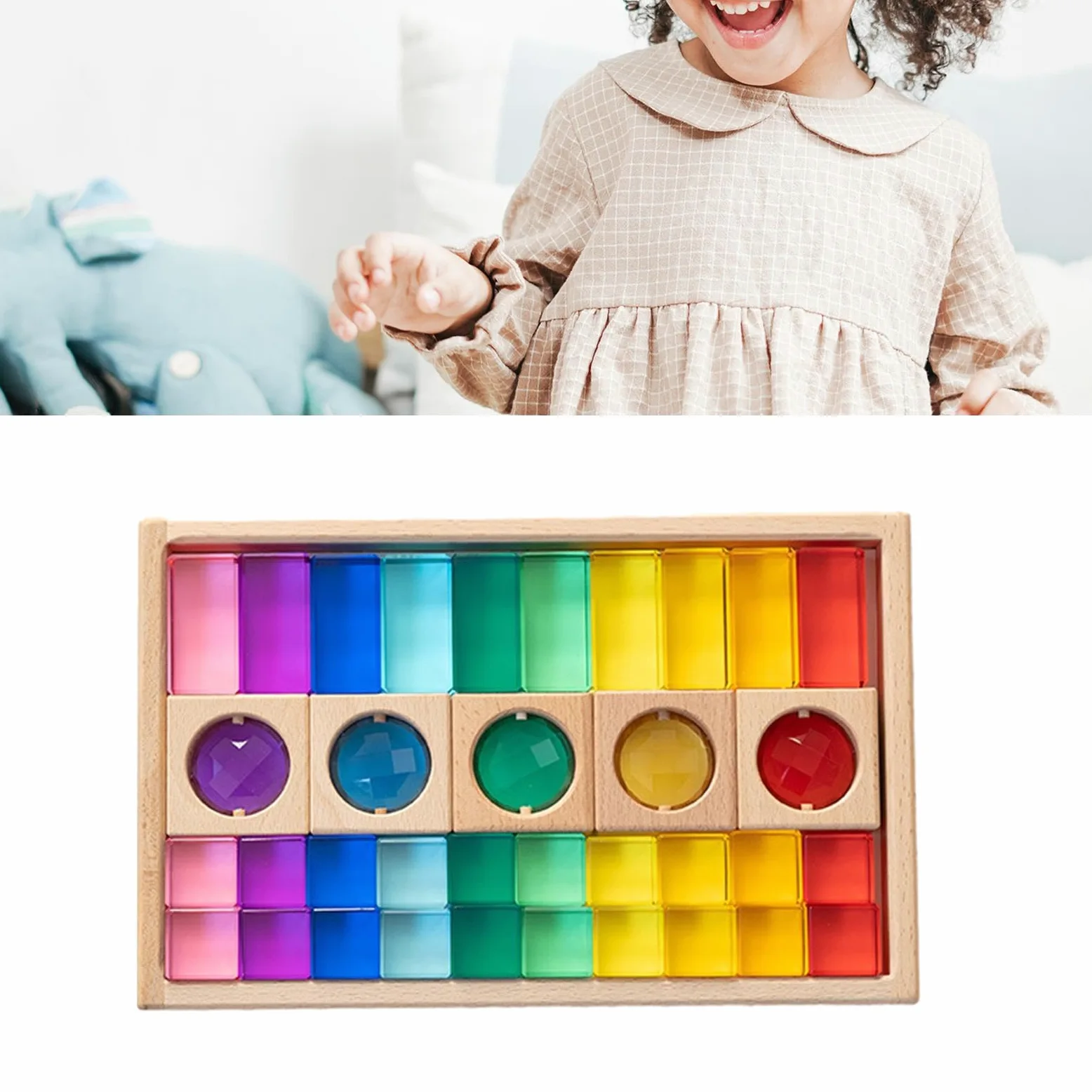 Set di 30 Blocchi da Costruzione Arcobaleno, Gioco di Impilamento, Gioco di Dadi, Cubi in Acrilico Effetto Pietra Preziosa con Base in Legno per Bambi, 35 Pezzi