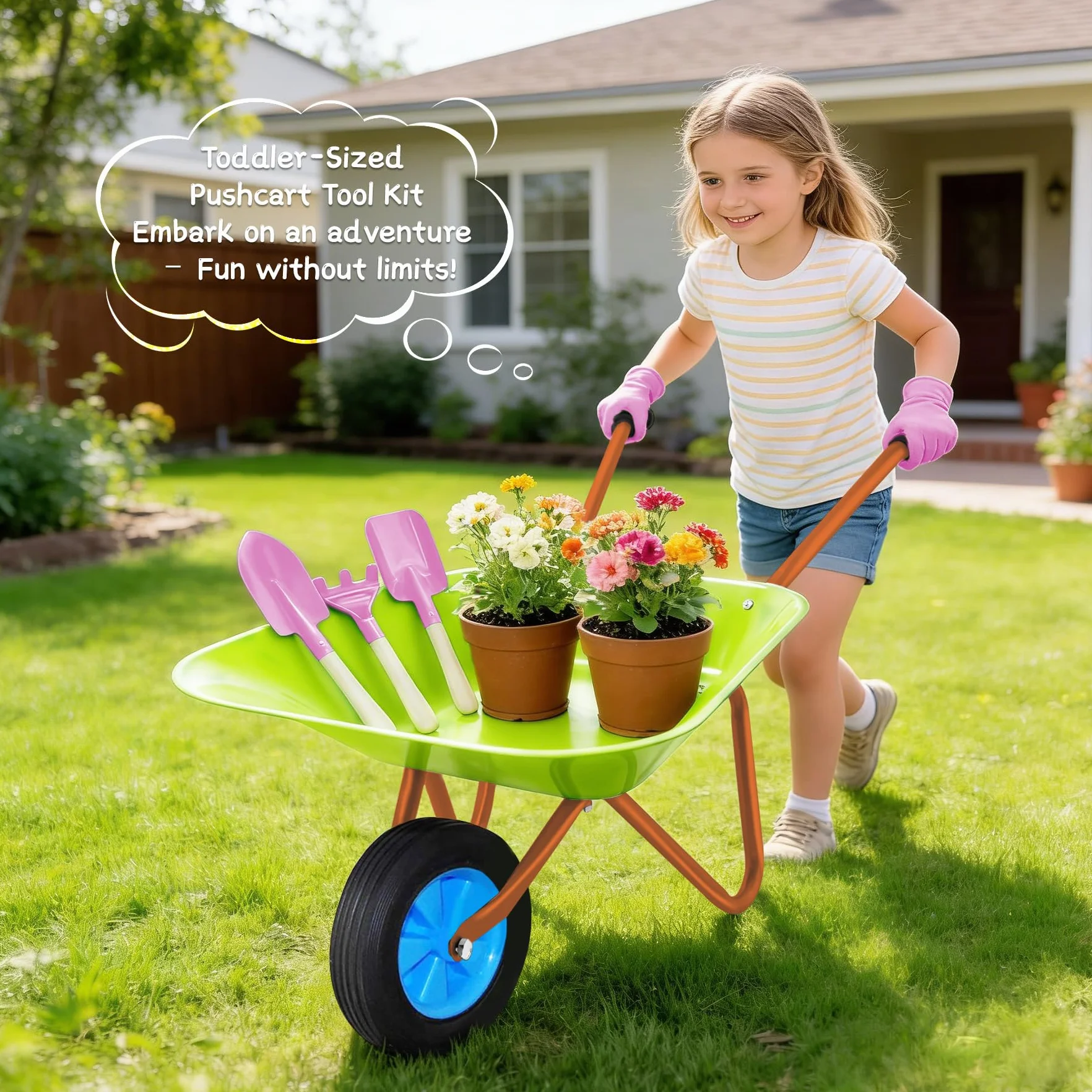 Carriola Bambini Set, Carriola da Giardino in Metallo, Attrezzi da Giardino per Bambini, Kit Giardinaggio Bambini per Giocare All'aperto