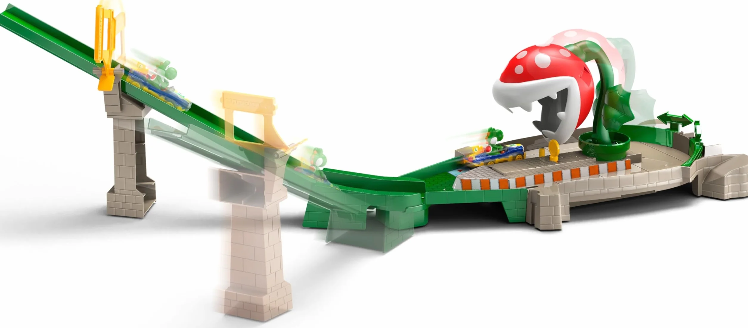Hot Wheels Mario Kart Pista Piranha con Personaggio Yoshi in Macchinina, Giocattolo per Bambini 5+ Anni, Multicolore, GFY47