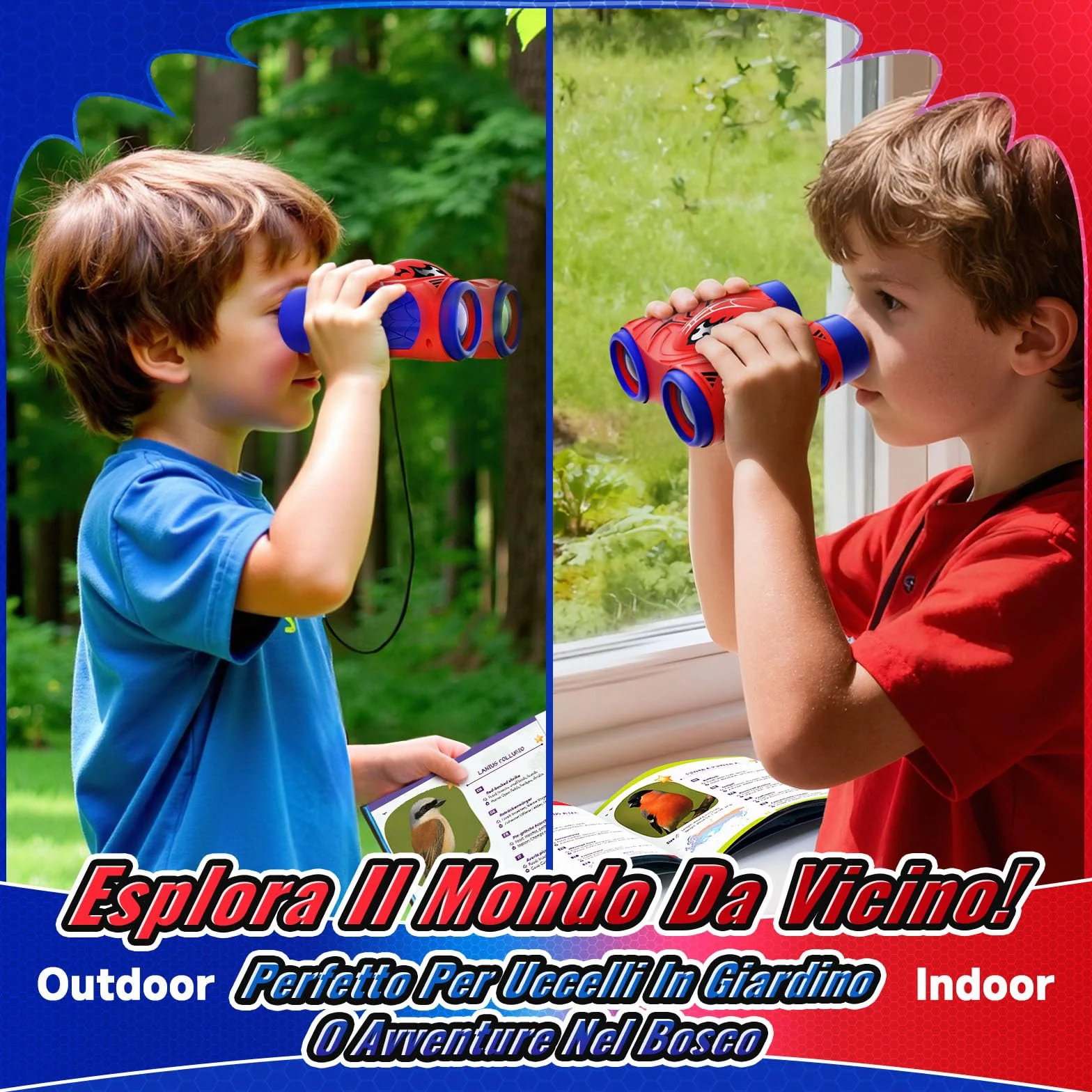 Binocolo Bambini con Bussola e Guida Uccelli, Binocoli Regalo Bambino Gioco Bimbo 3 4 5 6 7 8 9 Giochi Esterno Giardino Bambini Giocattoli Bambino 3-12 Anni Maschio Compleanno Pasqua Regalos