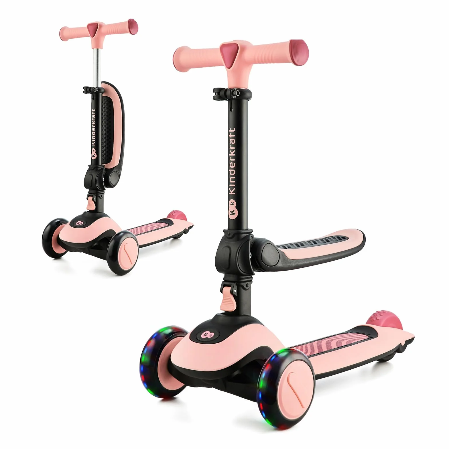 Kinderkraft HALLEY 2 in 1 Bicicletta Senza Pedali e Monopattino con Ruote LED, Rosa