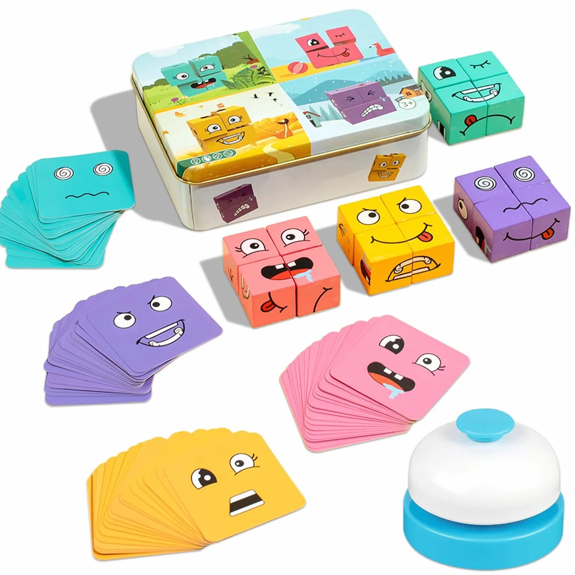 Cubo di che cambia volto, giocattolo puzzle Montessori, puzzle del cubo di in legno, set puzzle 3D cubo di che cambia faccia adatto per bambini 3, 4, 5 e superiori (con campanello)