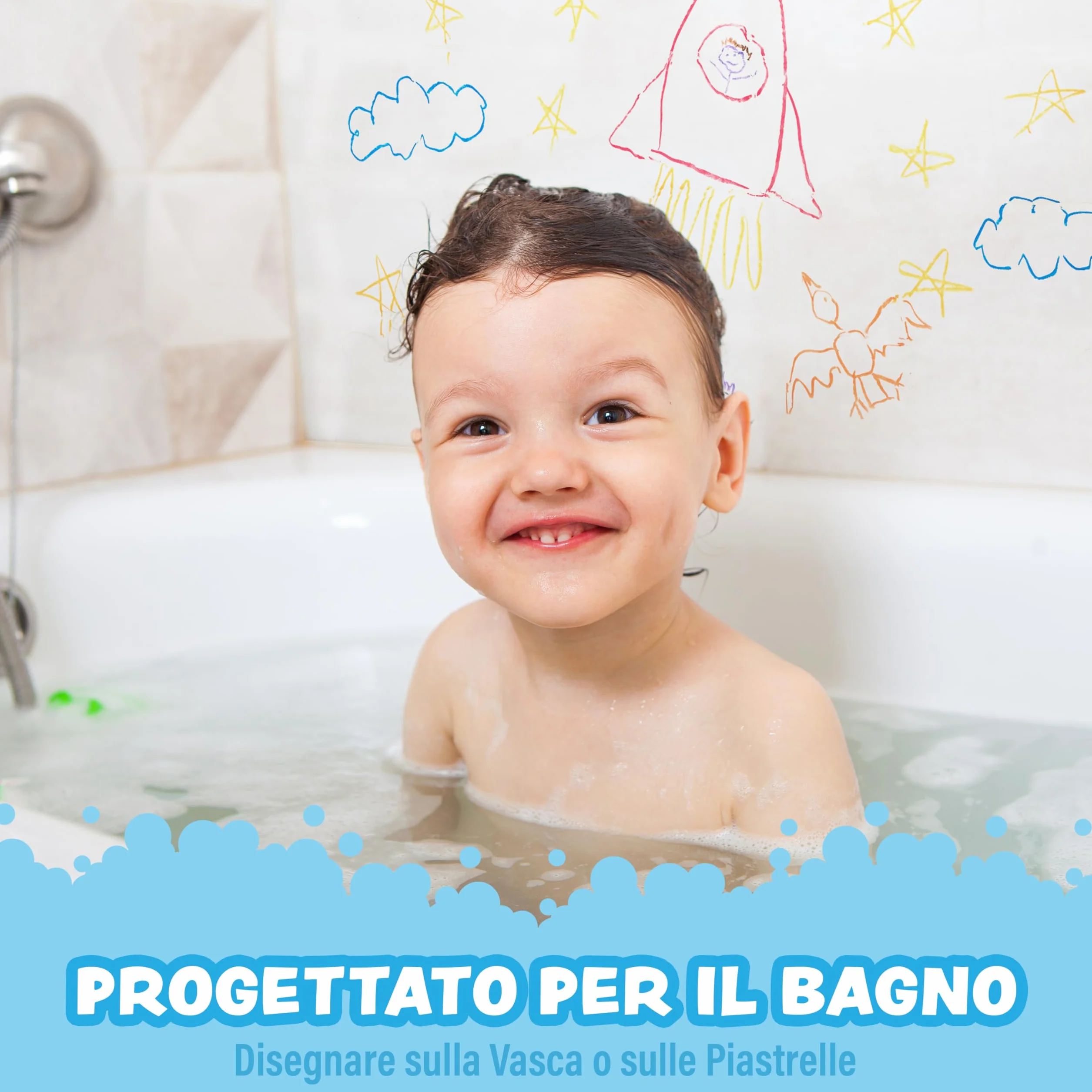 Tub Works® Pastelli da bagno, giocattolo per il bagno, confezione da 12 | Matite da bagno atossiche e lavabili per bambini | Disegna sulle pareti della vasca bagnata e asciutta | Forma esagonale